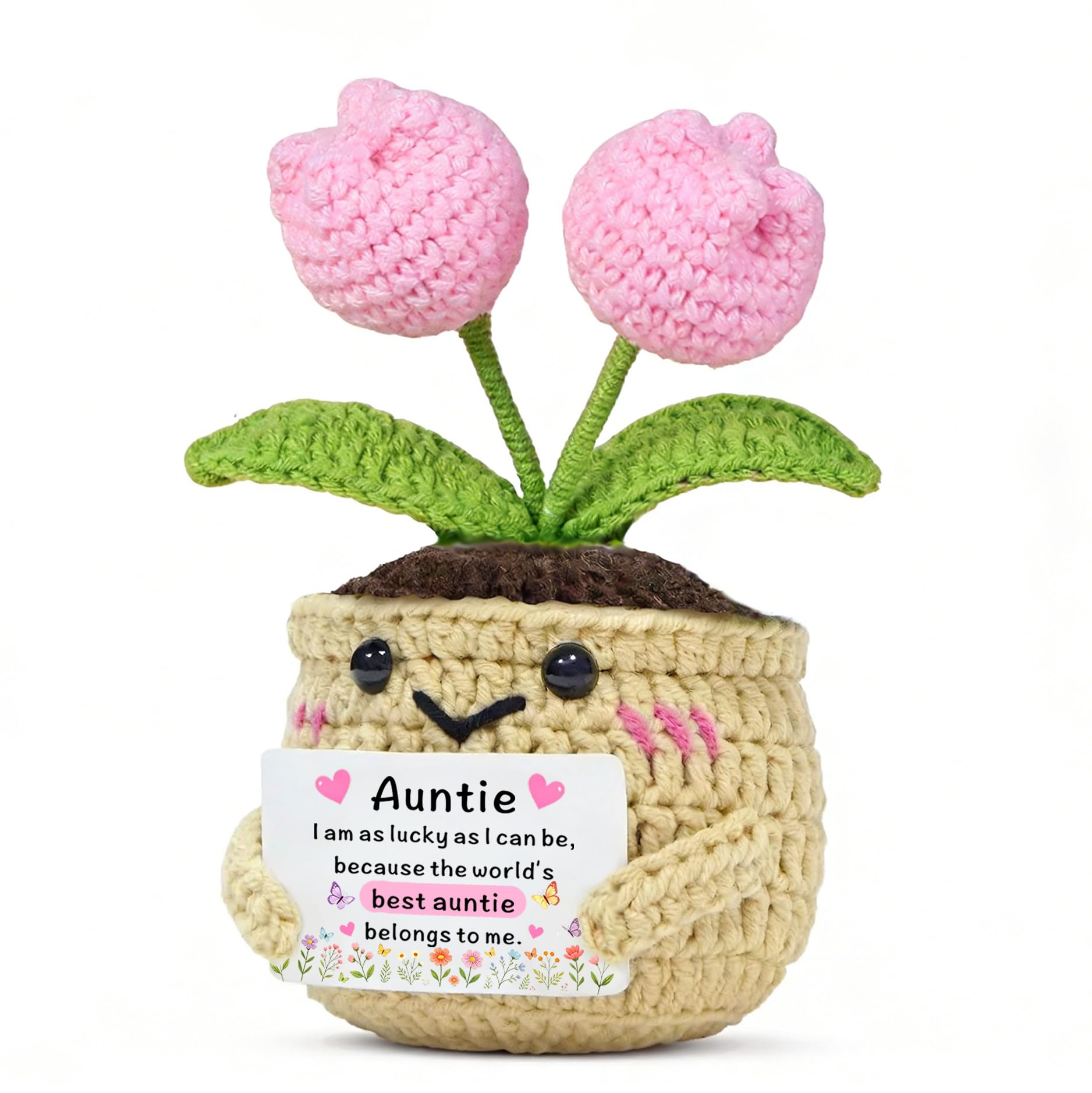 HULALA Auntie Gifts,Auntie Birthday Gifts,Best Auntie Gifts,Handmade Crochet Pink Tulip Flower With Card Decoration Ornament Auntie Presents For Christmas