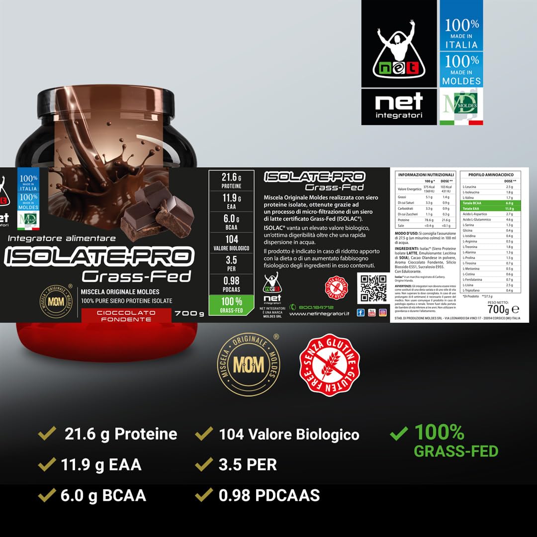 NET Integratori ISOLATE PRO Grass Fed - 700g Cioccolato Fondente- Proteine Isolate Con EAA Aminoacidi Essenziali e BCAA - Massimizza La Sintesi Proteica e La Crescita Muscolare