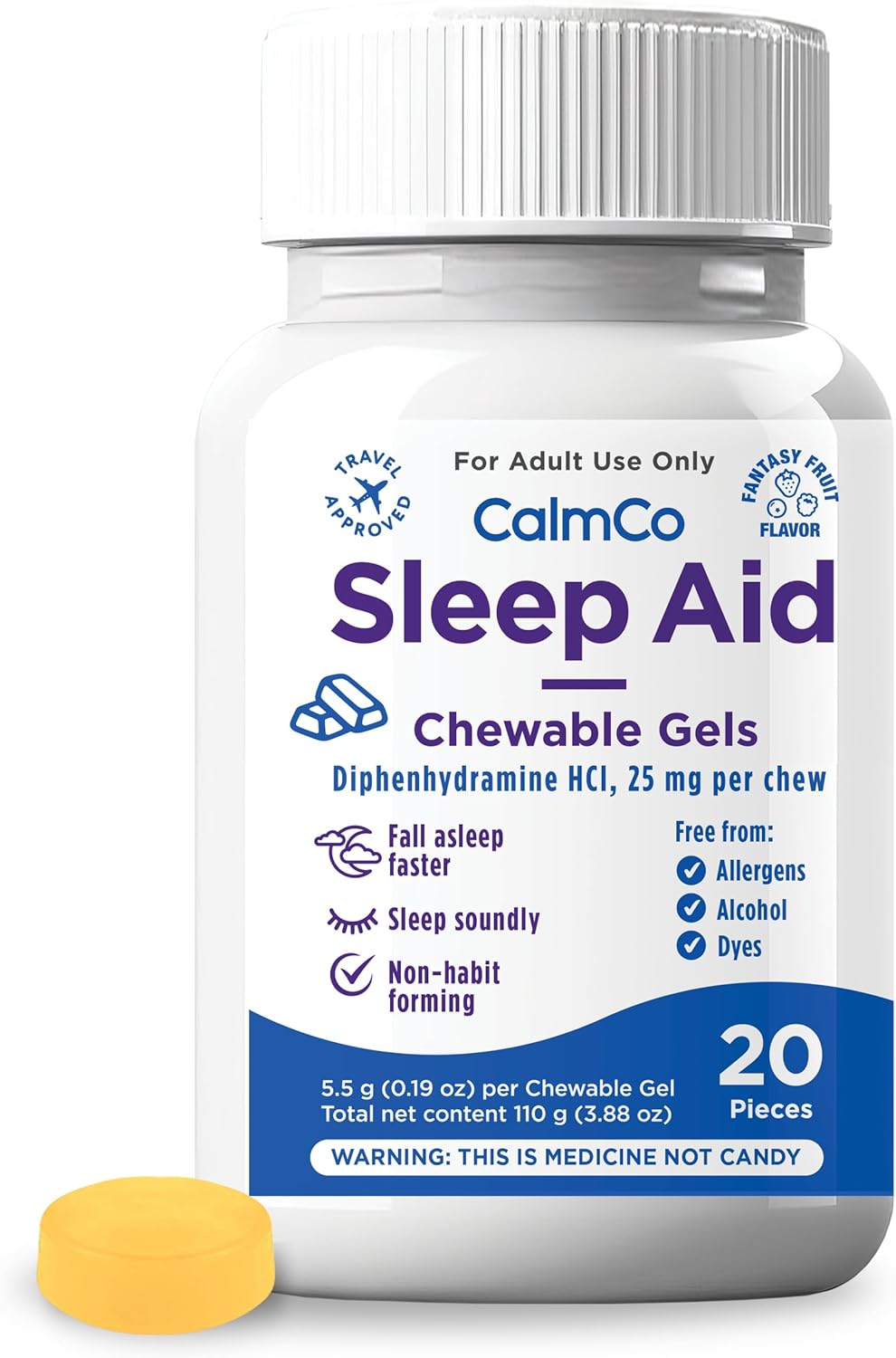 CalmCo Adult Sleep Aid – Non-Habit Forming Sleep Support with Diphenhydramine HCl 25 mg, Nighttime Sleep Aid Chewable Gels, Promotes Better Sleep and Helps You Fall Asleep Faster, 20 Count