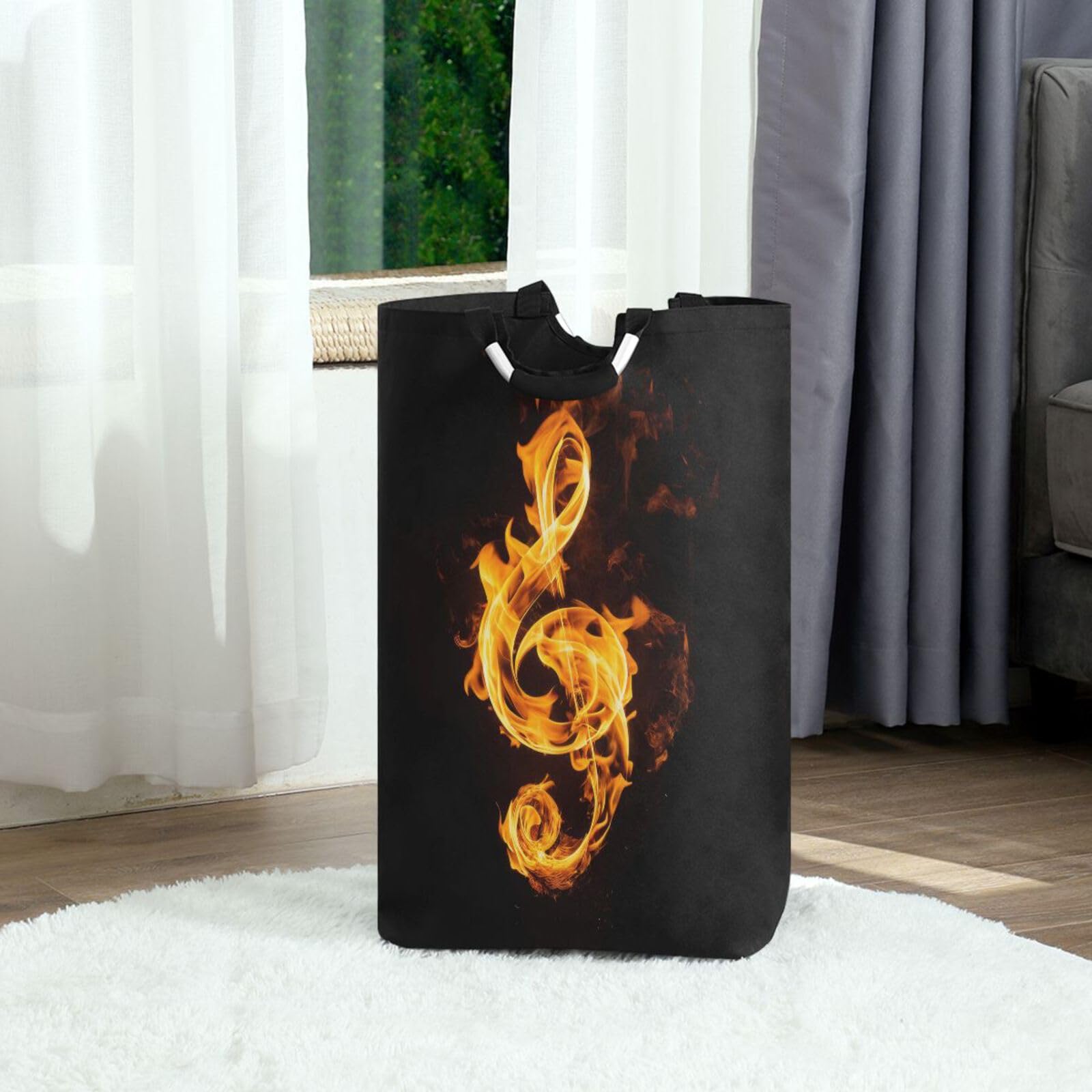 Jihqo Laundry Hamper Basket Music Note Fire Collapsible Nursery Storage Bin Waterproof Clothing Baskets for Home Bedroom Bathroom Washing Room
