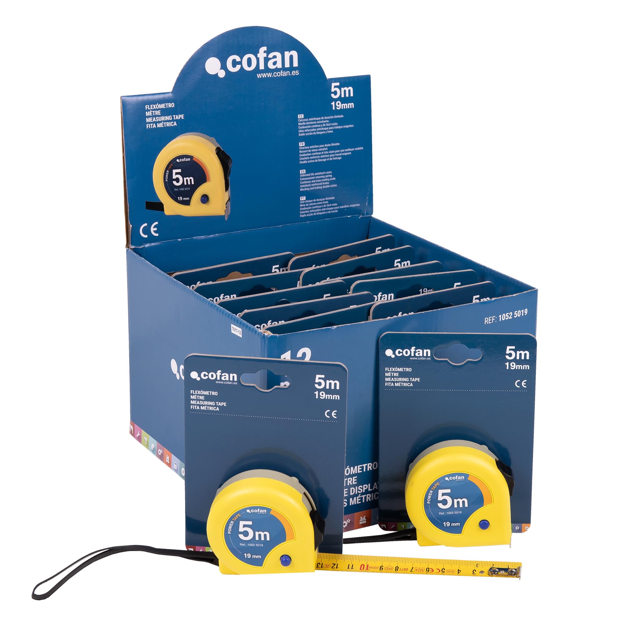 Cofan Cofan - Espositore per flessometri con blocco a lama, include 12 flessometri | Flexometro 5 m x 19 mm (foglia) | Misura espositore: 22 x 23,8 x 15,5 cm