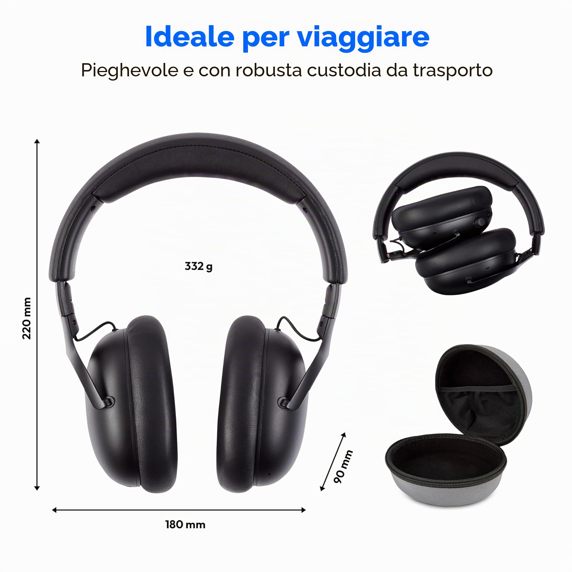 MEDION cuffie Over Ear HX-1 Plus (wireless, Feed Forward Noise Cancelling, Bluetooth 6.0, 5+1 preset EQ, fino a 100 h di autonomia, protezione dagli spruzzi IPX4), nero