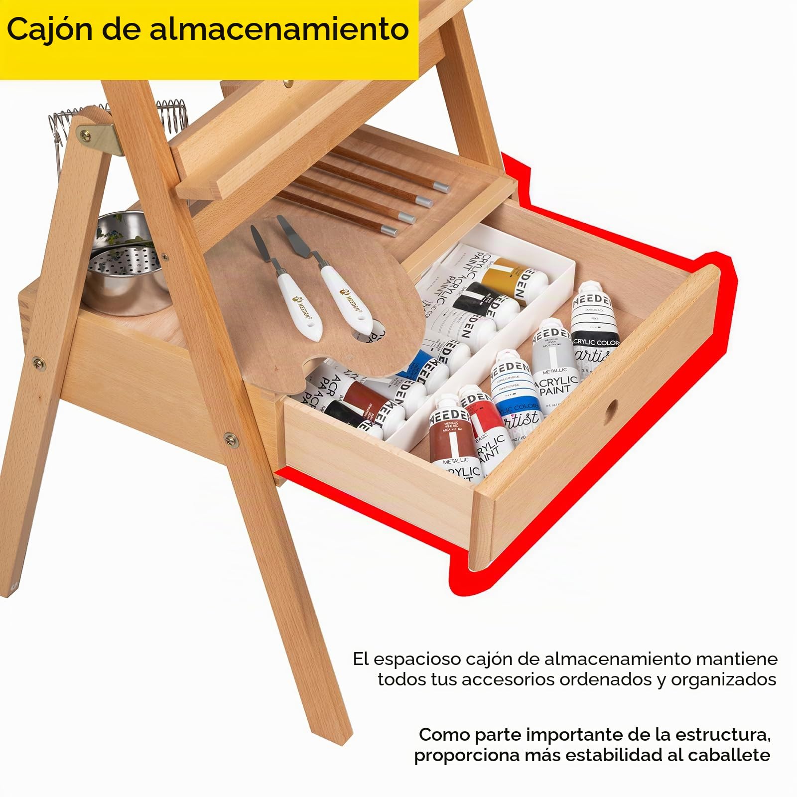 MEEDEN Caballete Profesional de Estudio con Cajón, de Madera de Haya Sólida, Altura Ajustable 147-190cm, Inclinación Frontal, para Lienzos hasta 94, cmpara Artistas
