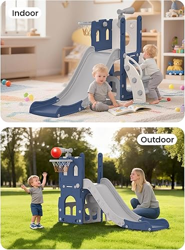 Miniatura 7 de Juego de tobogán para niños con aro de baloncesto y telescopio, tobogán y escalador para niños y niñas, juguete de patio de recreo, divertido juego