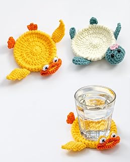 Crochet Coasters Set of 2, Funny 3D Woven Duck Turtle Drink Mat | Handmade Animal Mug Rug | Protects tables from heat, condensation | Cute home desk decor, stress relief | Unique gag gift