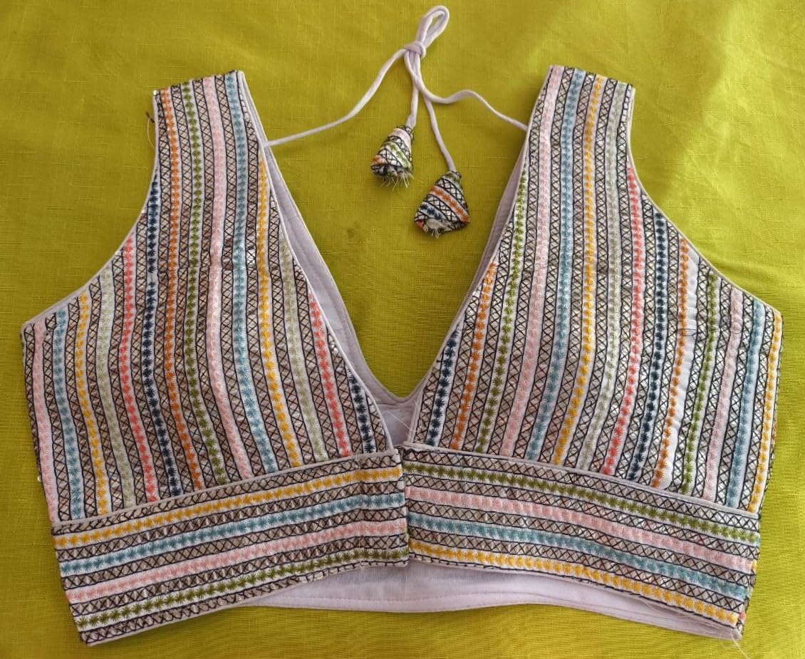 Vihu Fashion Women's Sleeveless Readymade Sabyasachi Pattern V Neck Blouse Embroidery Work With Sequence Blouse Indian Ethnic Wear Readymade Saree White Color Blouse For Lehenga Choli Stylis