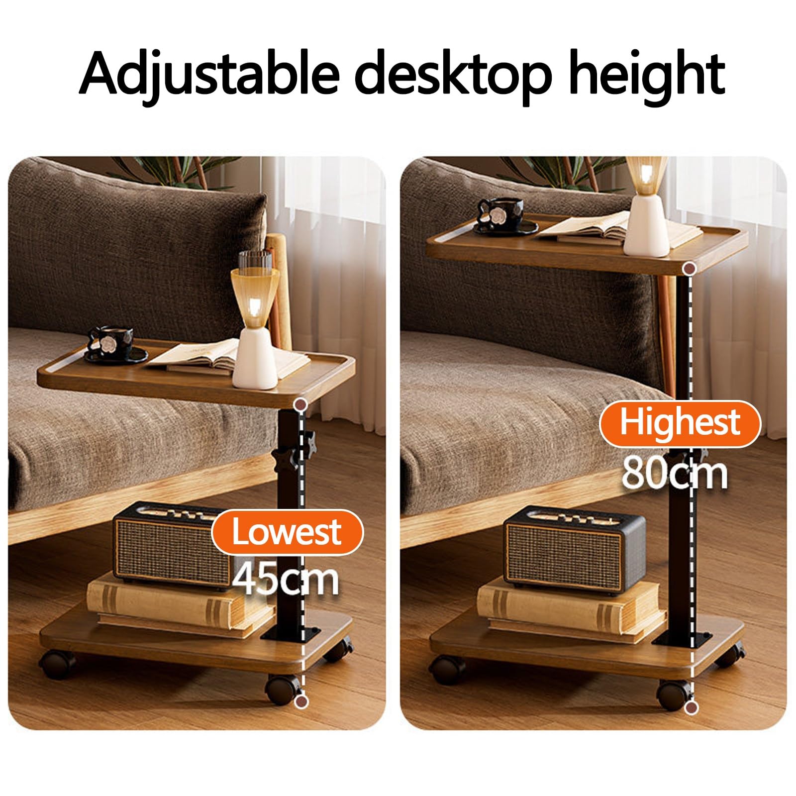 Mesas Auxiliares para Salon Modernas Altura Ajustable de 45-80 cm Mesa Auxiliar con Ruedas para Comer en La Cama Fácil Montaje para Oficina Sala de Estar Estudio Balcón(Brown)