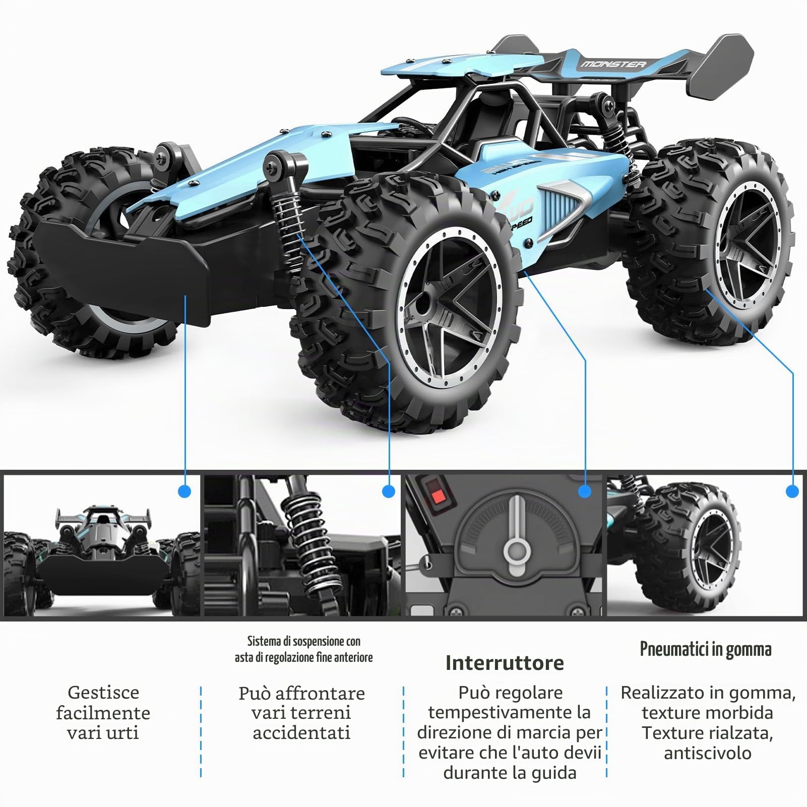 Pmgud Auto Radiocomandata 1:18 Off Road con Controllo Proporzionale | 2,4 GHz • Velocità fino a 20 km/h • 2 Batterie • 2WD • Per bambini da 6 anni (Blu)