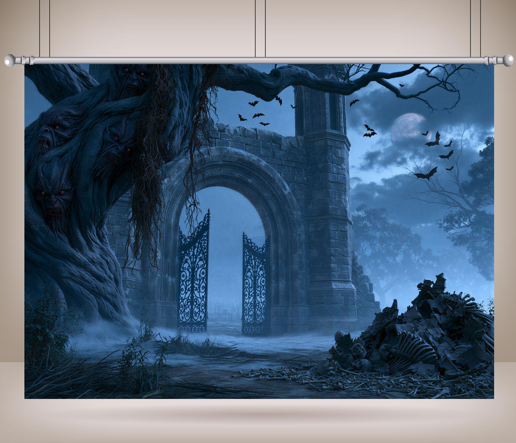 BELECO 6x3mTessuto Sfondo Halloween Albero Malvagio Cimitero | Albero Vecchio Spaventoso Porta Di Pietra Scheletro Teschio Cimitero Nebbioso Notte Sfondo Festa Orrore Telo Di Sfondo