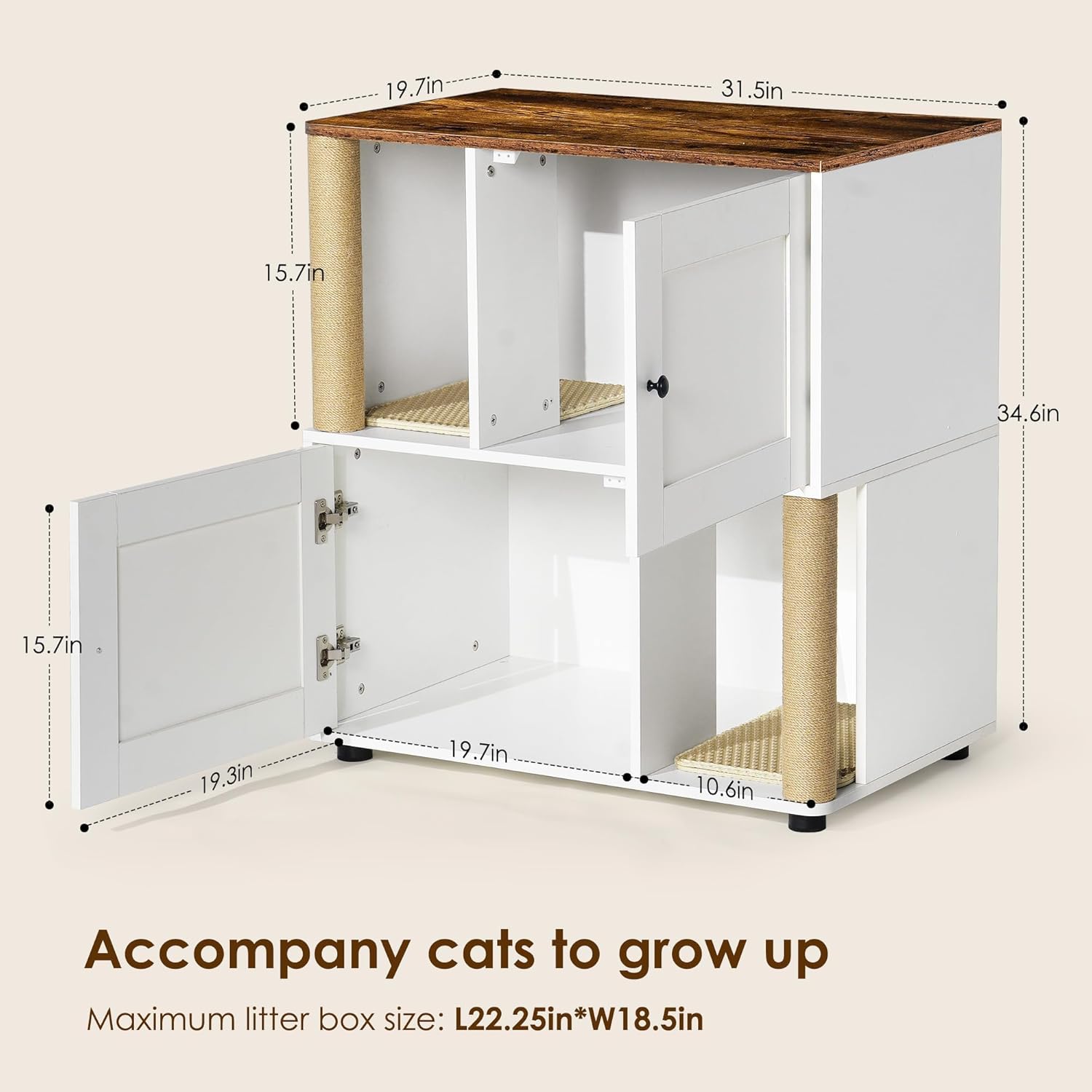 Double Litter Box Enclosure for 2 Cats, 2 Tier Enclosed LitterBox Enclosure Furniture with Scratching Post and Litter Mats, Wooden Corner Cabinet Cat Washroom or Bed