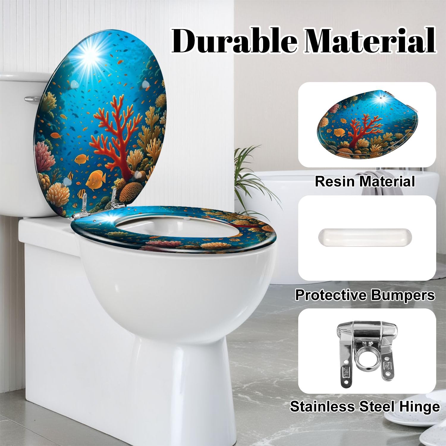 Langer Toilettensitz, Meeresschildkröte und Korallenfisch-Design, Harz-Konstruktion, langsam schließender Deckel, Schnellverschluss-Scharniere, leicht zu reinigen