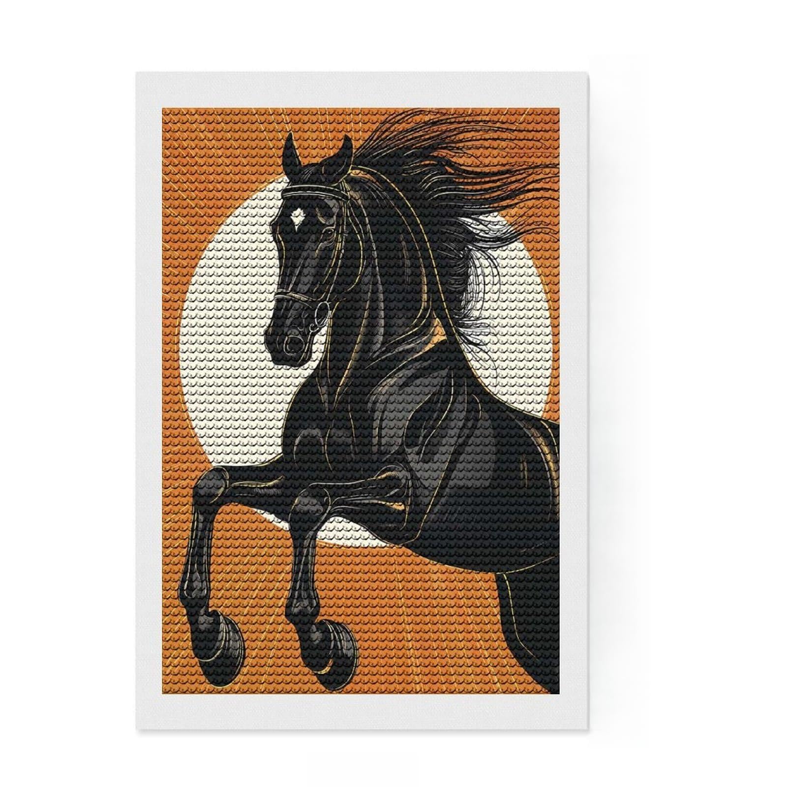 Junmoney Black Horse Illustration with Orange Background Diamond Style Art Kit 8"x12", Christmas Gift, for Family Craft Time, Vintage Style Decor, Creative Gift Idea