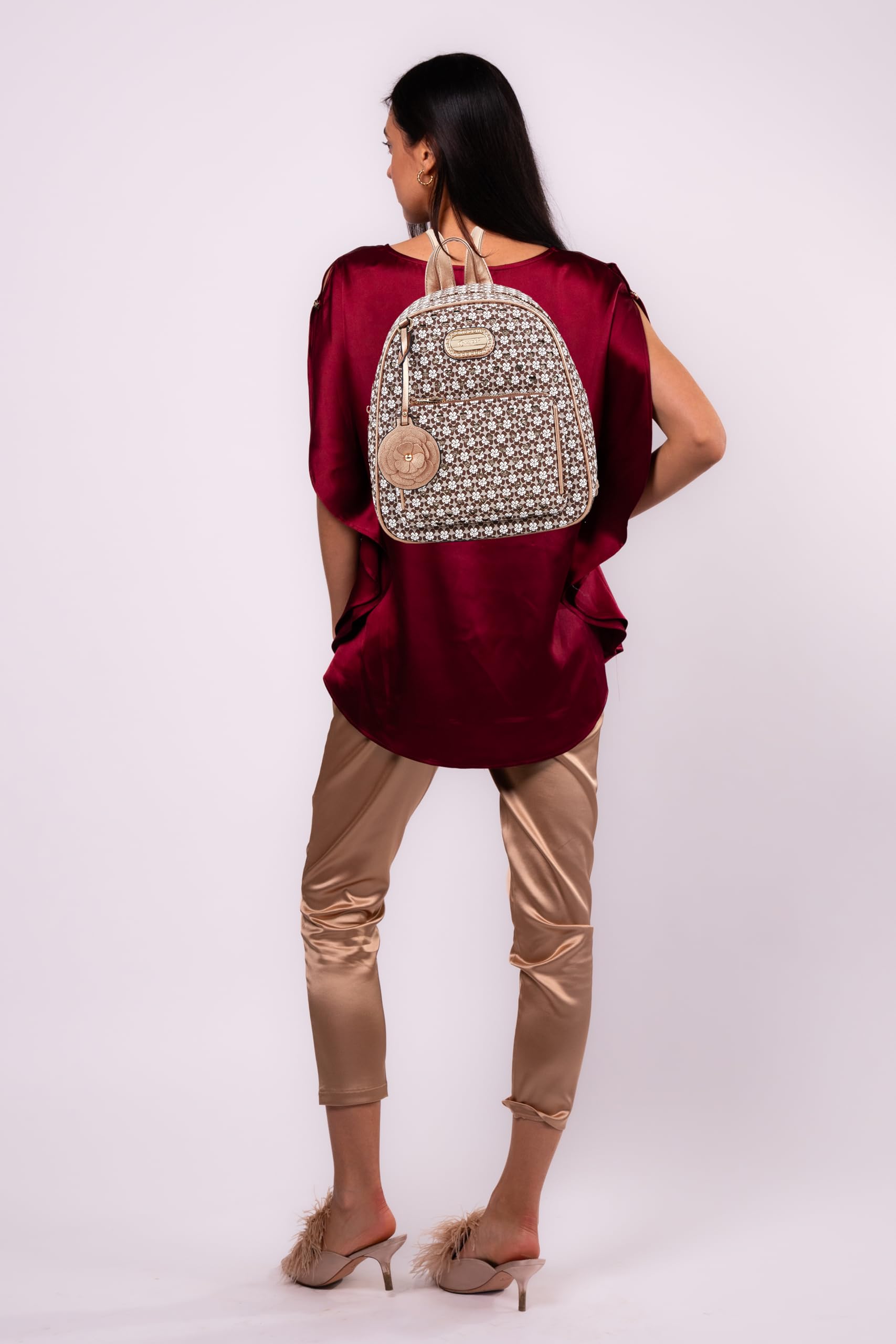 Diamond Marvel Rhinestone Leather Backpack Glitter Open Heart Design Work Travel Daypack (Brown)