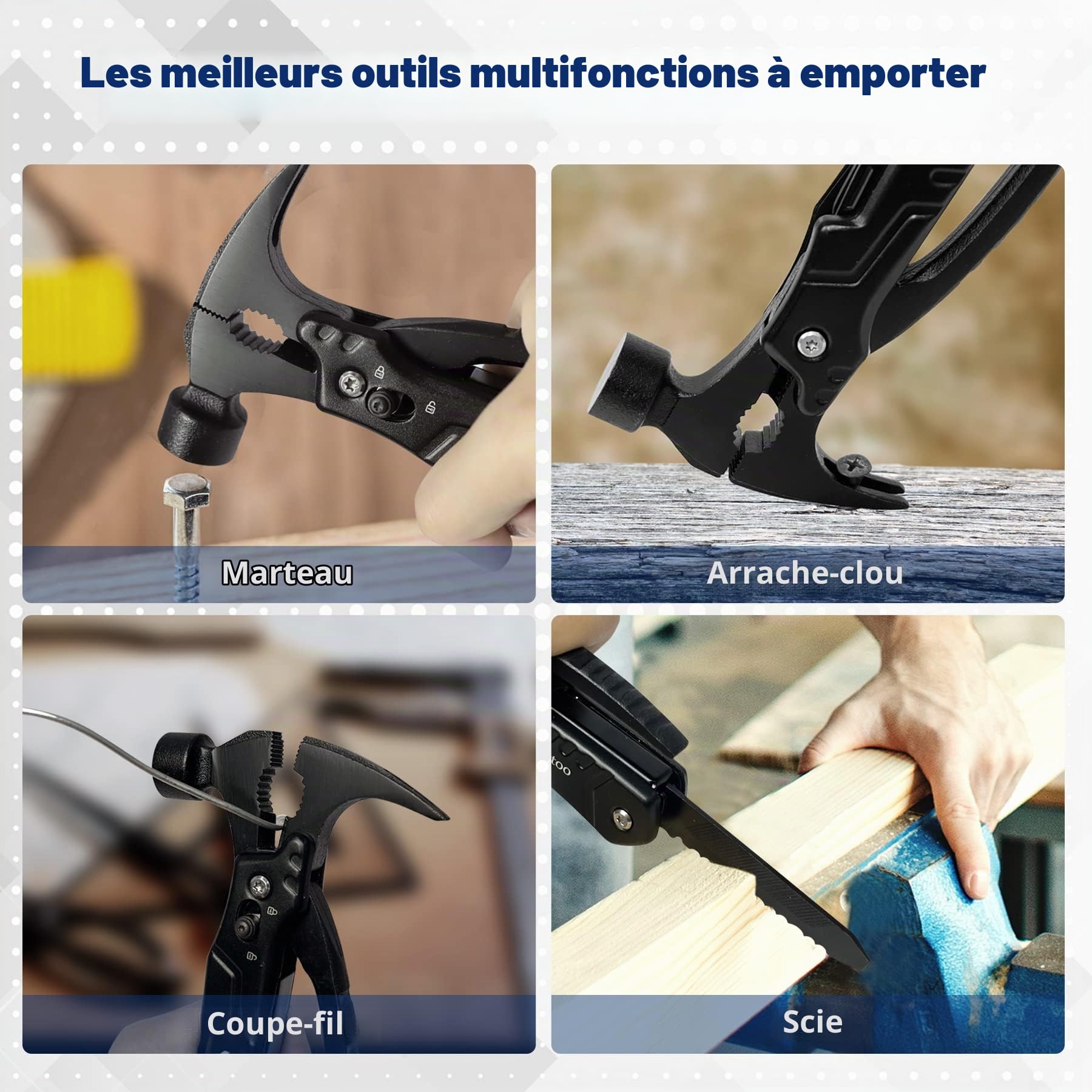 Zune Lotoo Marteau Multifonction, 14 en 1 Portable Compact Multi Usage Outils en Acier Inoxydable avec Marteau Pince Tournevis, Cadeaux pour Hommes Papa Noël Anniversaire (Noir)
