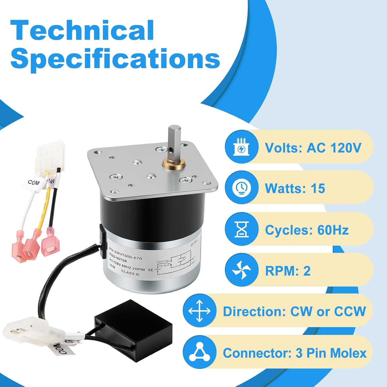 SRV7000-670 Auger Feed Motor for Pelpro PP130 PP60 PP70 PP130B PP150 PPC90 TSC90, 2RPM Auger Motor Replacement for Pleasant Hearth PH50CABPS PH35PS PH50PS Pellet Stoves