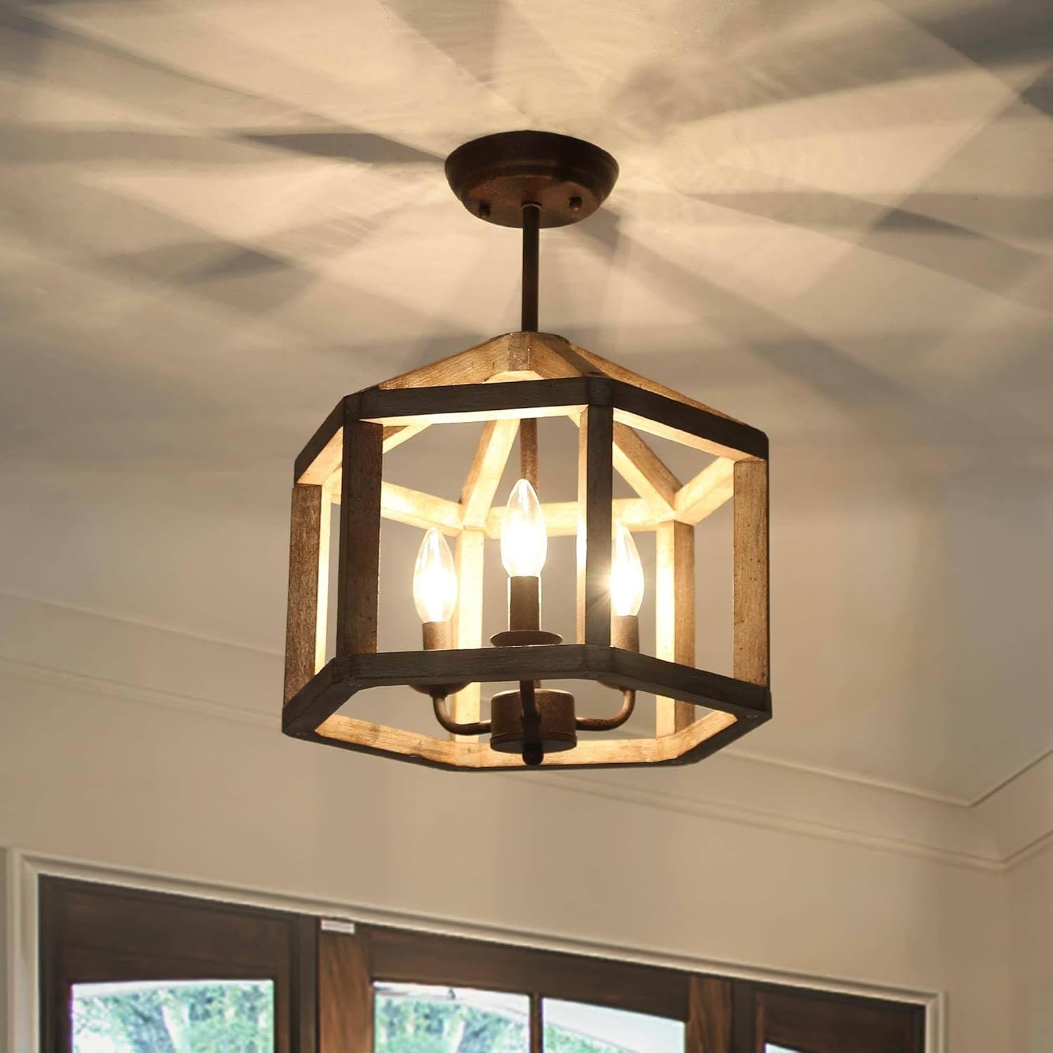 LALUZ Farmhouse Wood Semi Flush Mount Ceiling Light, 3-Light Rusty Close to Ceiling Light Fixtures for Bedroom, Hallway, Kitchen, Entryway, 14'' D x 17.5'' H