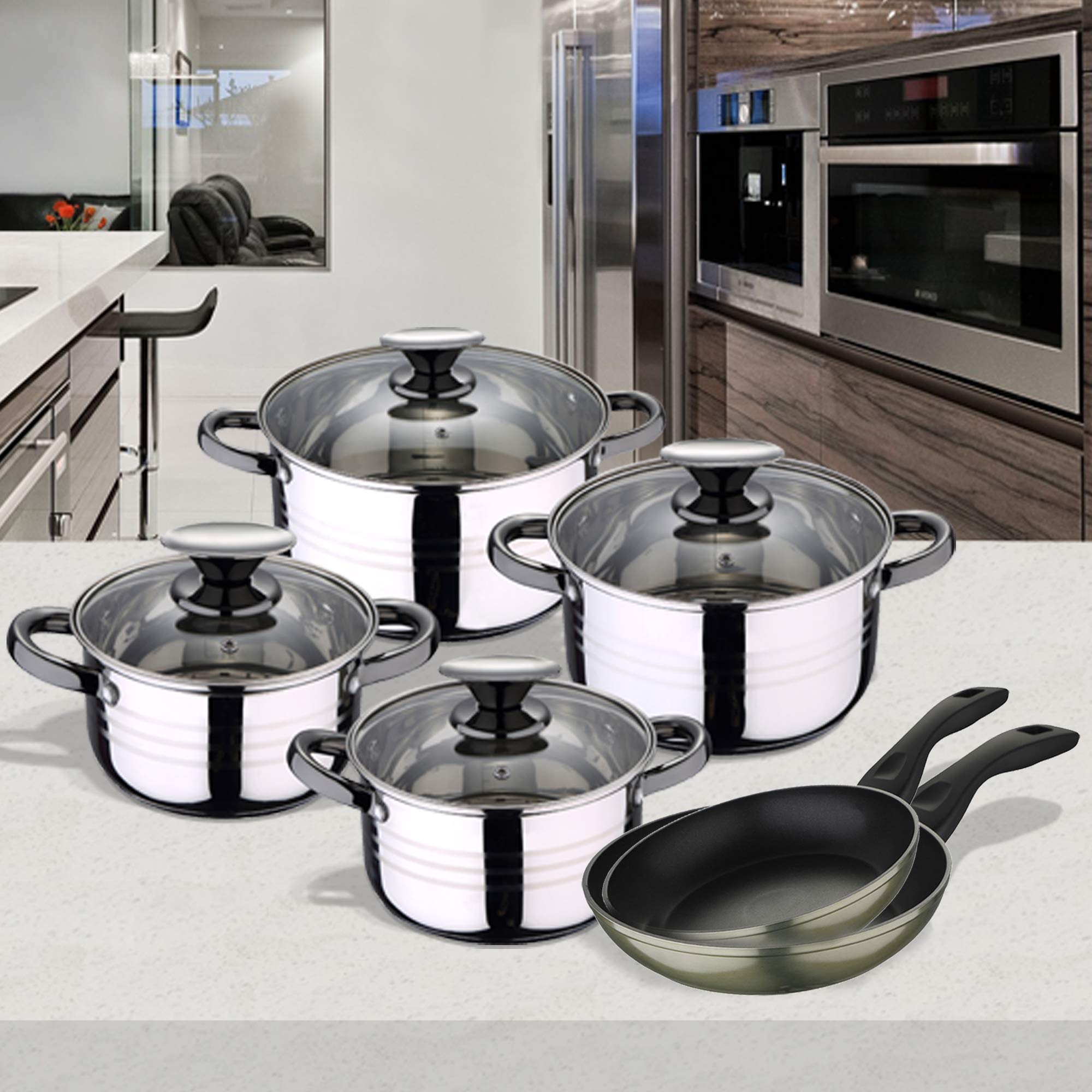 Bergner 10 Piezas batería de Cocina 4 cacerolas con Tapas de Vidrio, más Set 2 sartenes 20/24 cms-aptas para inducción, Acero Inoxidable/Aluminio Forjado, Verde