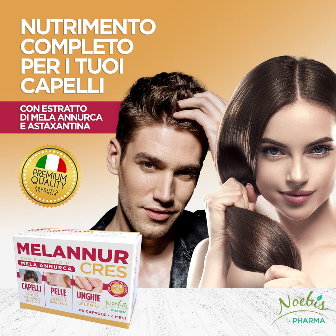 MelannurCres – Elisir per i Capelli – 60 Capsule – con Estratto di Mela Annurca Zinco Rame Selenio Biotina Astaxantina