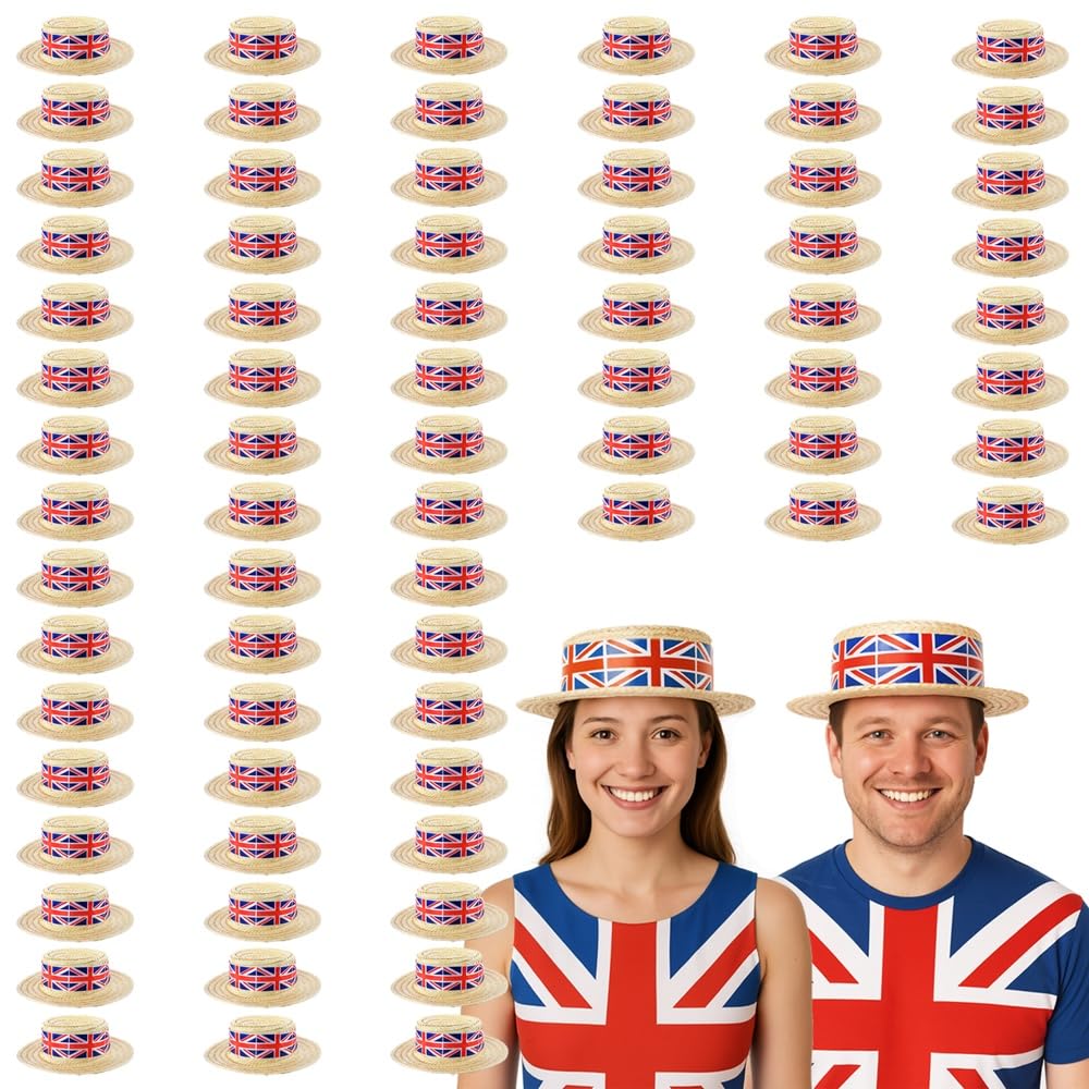 Union Jack Boater Hats - Pack of 72 - Straw Boater Hats with Union Jack Flag Band - King's Coronation, VE Day, Jubilee Events, Street Party Fancy Dress Accessory