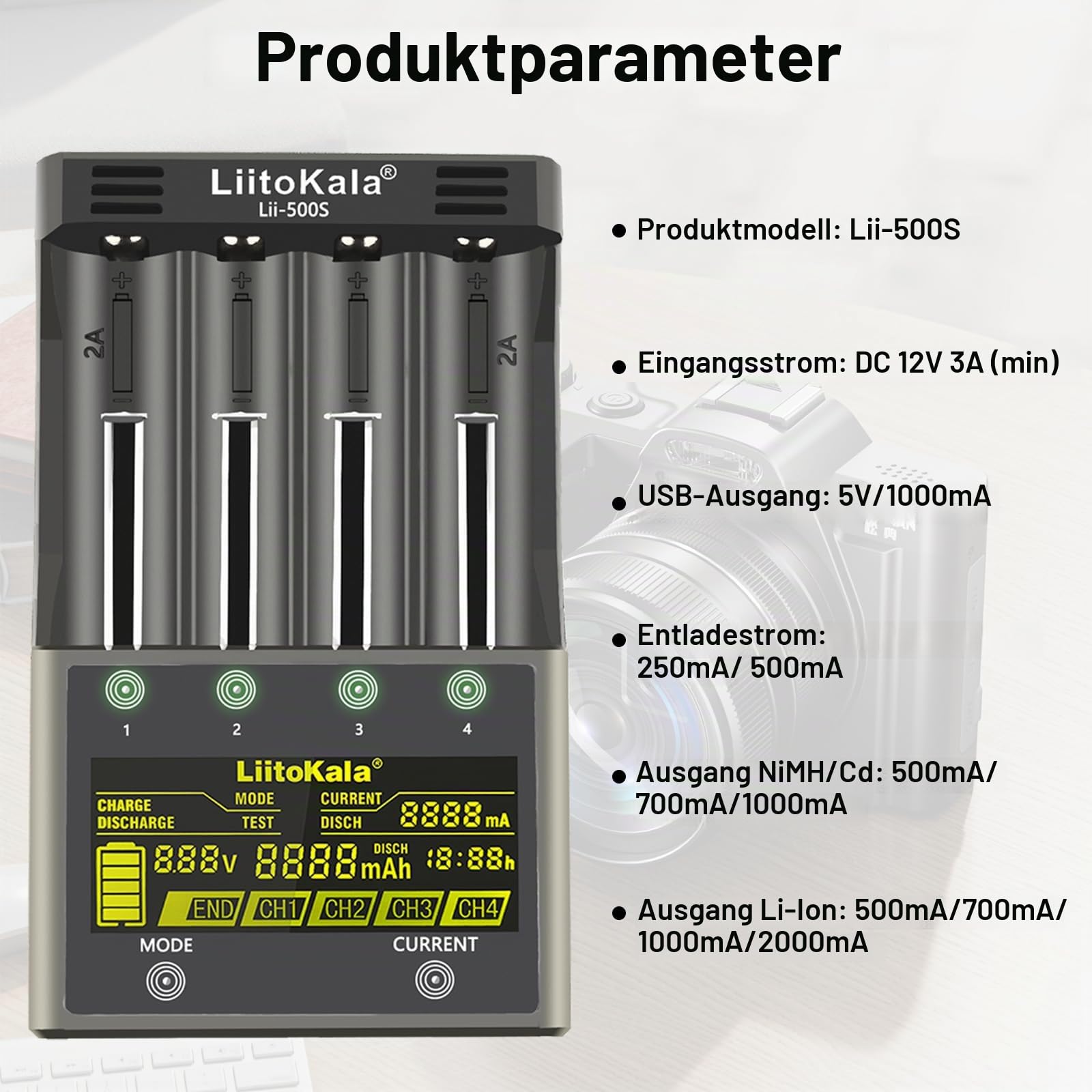 LiitoKala Lii-500S 18650 Akkuladegerät Schnellladegerät mit LCD-Display Touching Control, 4-Steckplatz AA Akkuladegerät mit 12V3A Adapter für 10400 21700 Li-Lion AA AAA NI-MH NI-CD
