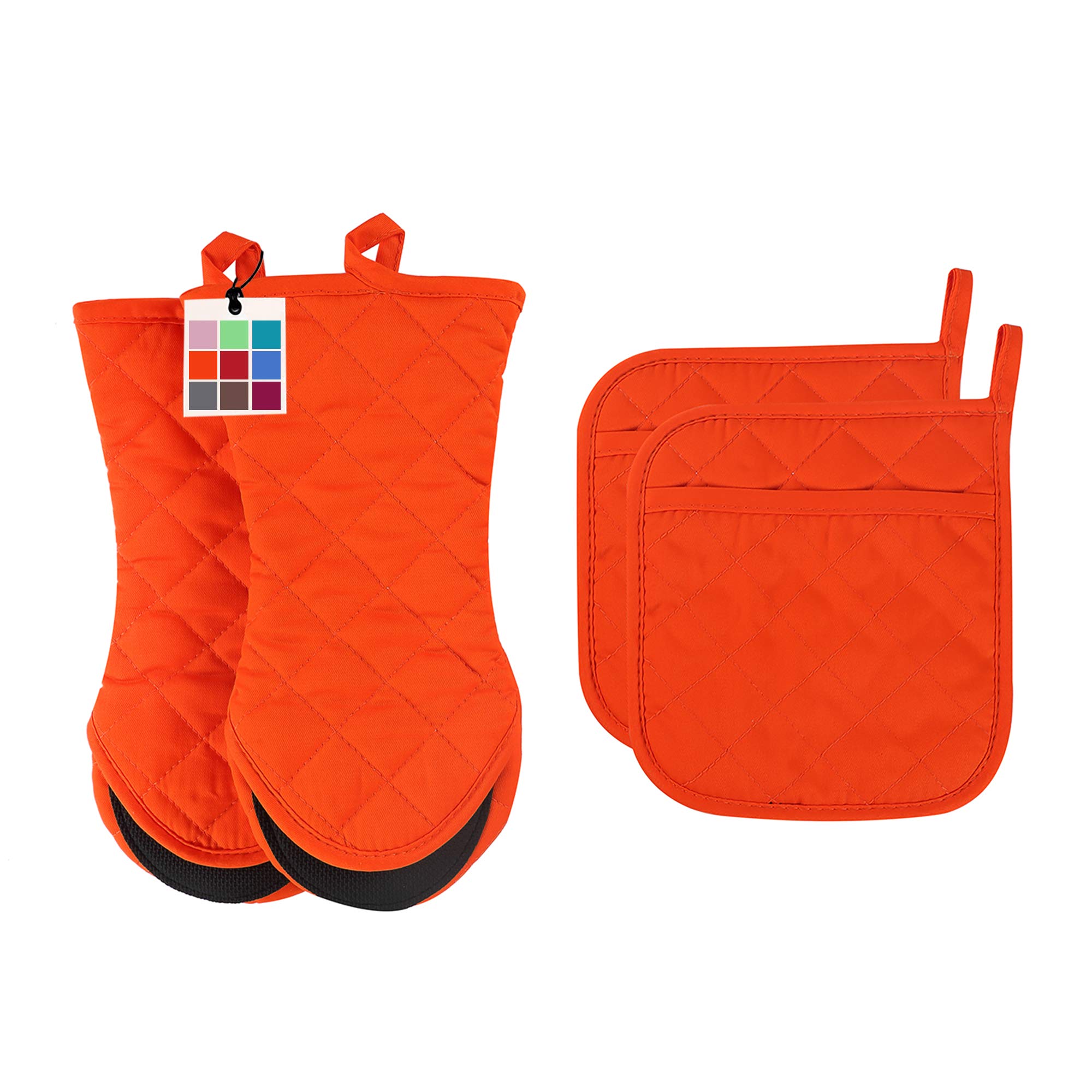 ARCLIBER Oven Mitts and Potholders,4PCS Heat Resistant Kitchen Gloves,Cotton Lining Non-Slip Rubber Surface 2 Oven Mitts,2 Pot Holders for Cooking,Baking,Grilling,Barbecue,Orange