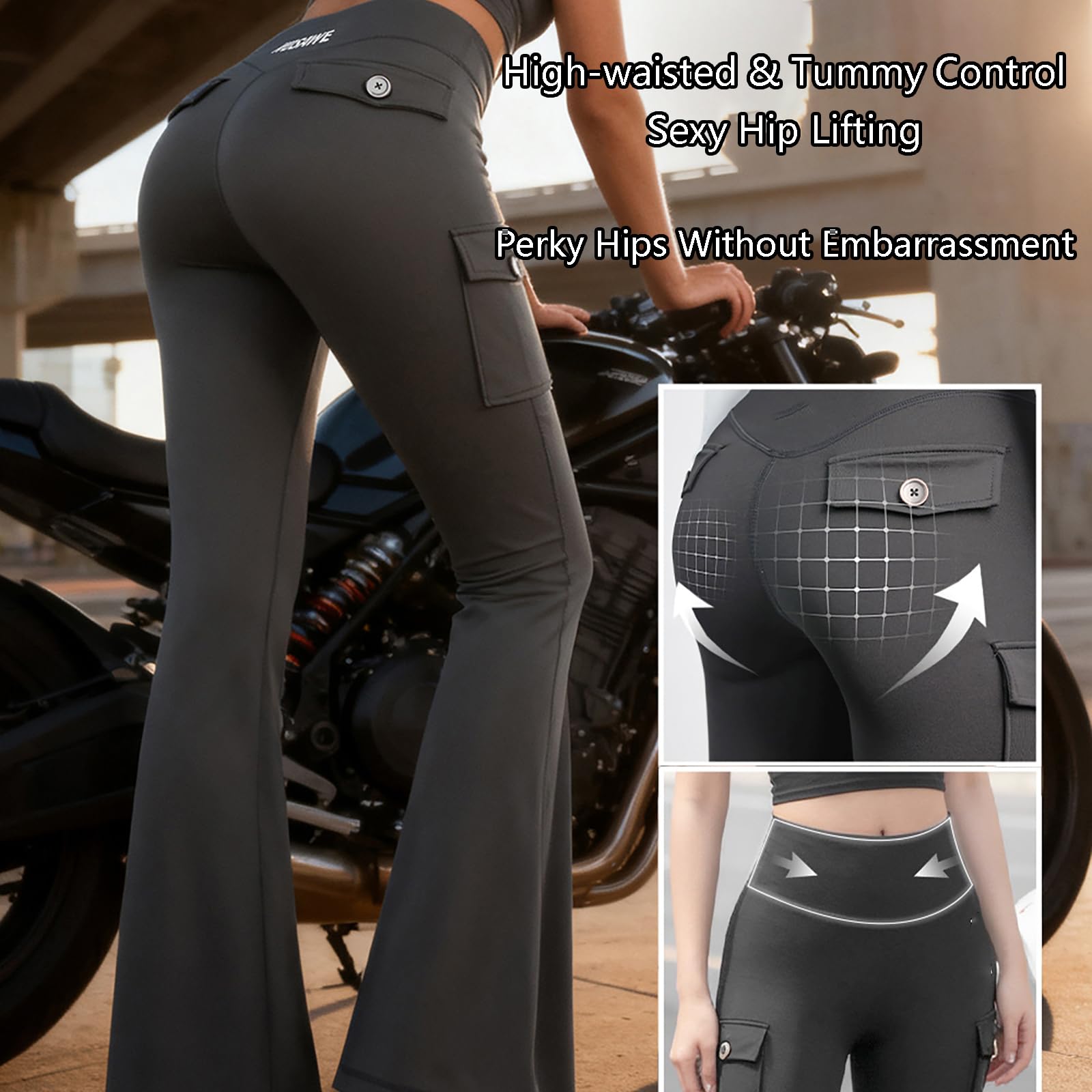 Kobiety Motocykl Leggings z wymiennymi podkładkami kolannymi, wysokiej talii brzucha kontrola spodnie rowerowe z kieszeniami ładunkowe, Slim Fit Stretch, do dojazdu pracy Casual Wear