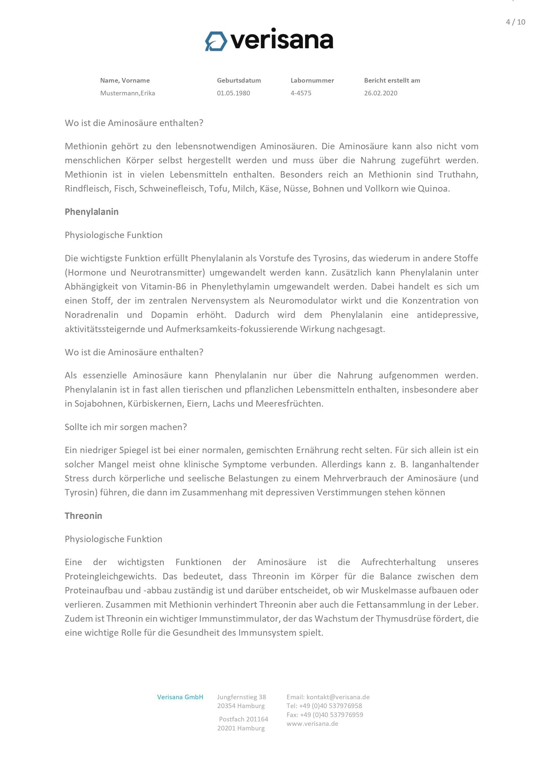 Test aminoacidi su 18 amminoacidi – amminoacidi compresi aminoacidi essenziali Leucina, metionina, fenilalanina, Threonina, Tryptophan, Valin