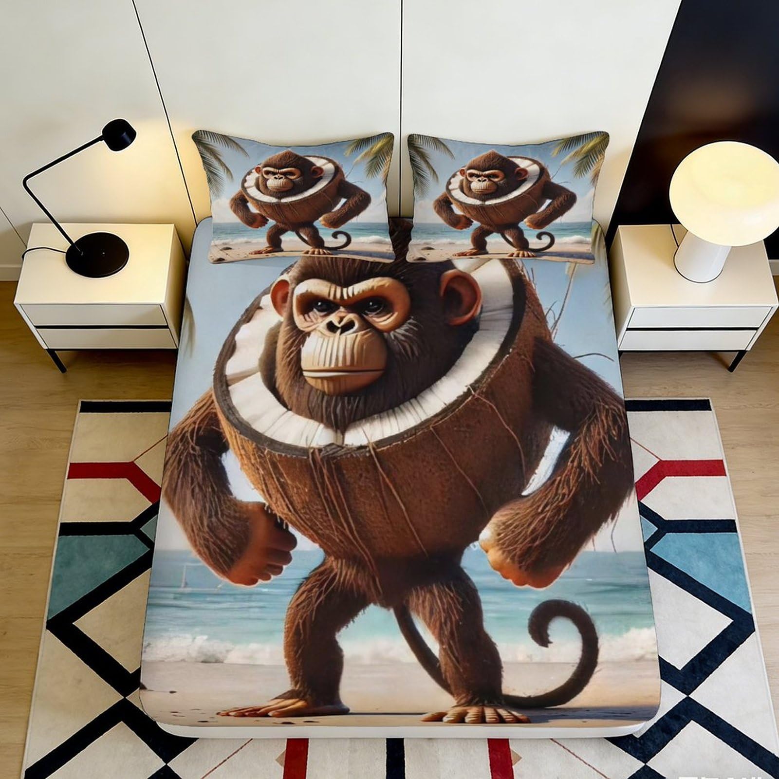 3D Printed Cartoon Monkey Fitted Sheet Microfiber Deep Pocket Non-Slip Cartoon Monkey Mattress Fitted Cover Bedroom Washable 160x200x25cm