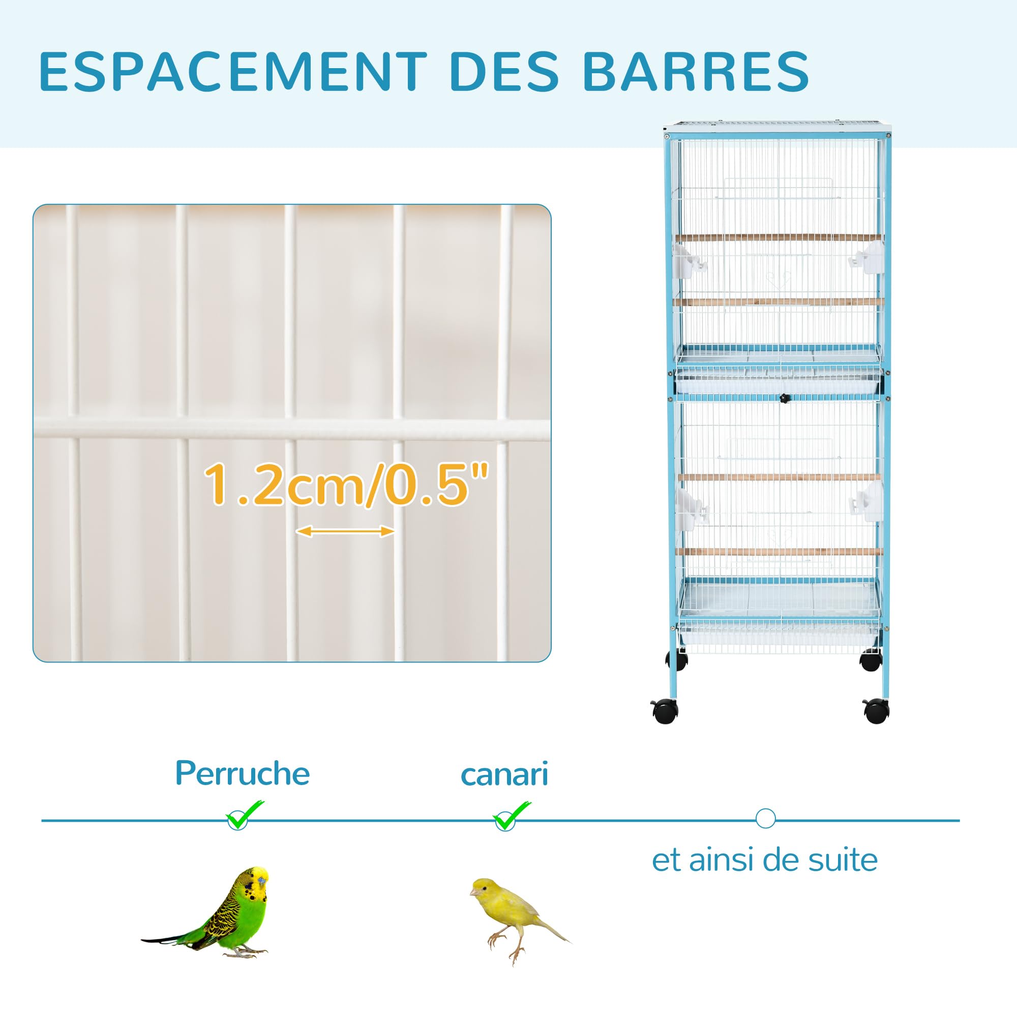 PawHut Grande Cage à Oiseaux sur Pied Volière Double avec Mangeoires Perchoirs Plateau Amovible Roulettes 51,5 x 50 x 140 cm Bleu Clair