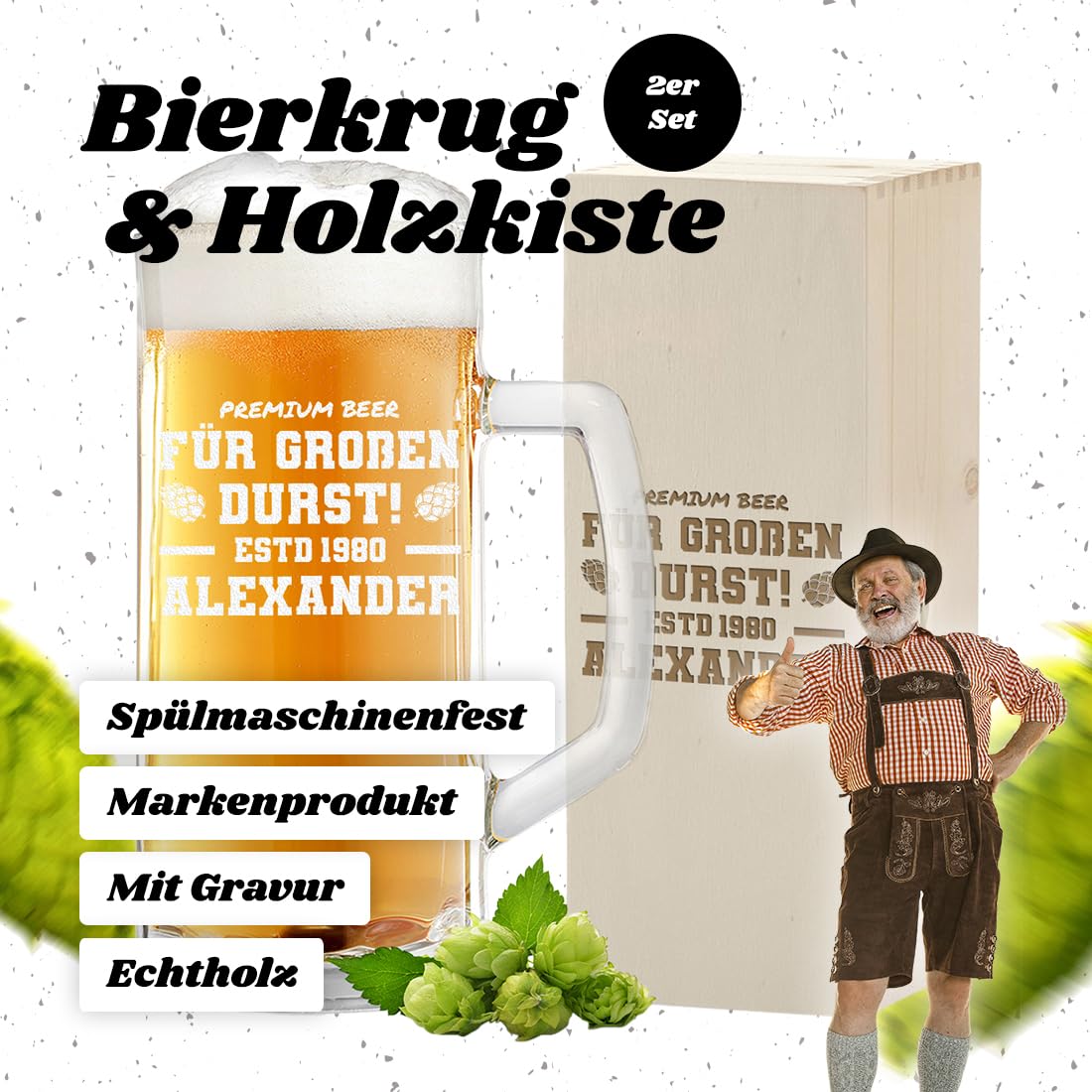 polar-effekt 2-TLG Geschenk-Set Bierkrug 0,5 Liter und Holzkiste zum Geburtstag mit Gravur - Bierseidel Vatertagsgeschenk - Bierglas zum Jubiläum mit Füllstrich - für Papa, Opa und Freund