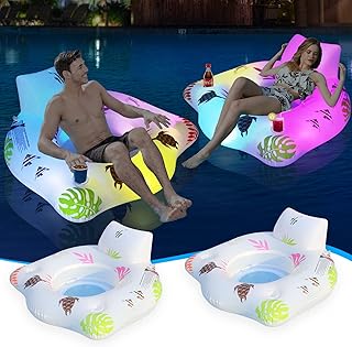 DeeprBlu Inflatable Pool Floats Chair with Color Changing Light,Solar Powered Water Float for Adults with 2 Cup Holders & 2 Armrests, Beach Float Pool Sofa, Pool Raft Lounge Floaties for Adult
