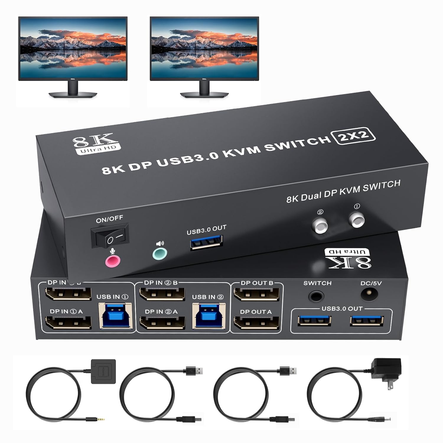 8K Displayport KVM Switch 2 Monitors 2 Computers, 8K@60Hz Dual KVM Switch for 2 Computers Sharing 2 Monitors, Keyboard, Mouse, Hard Drives, Printer, with EDID Adaptive, 2*USB Cables, and Controller