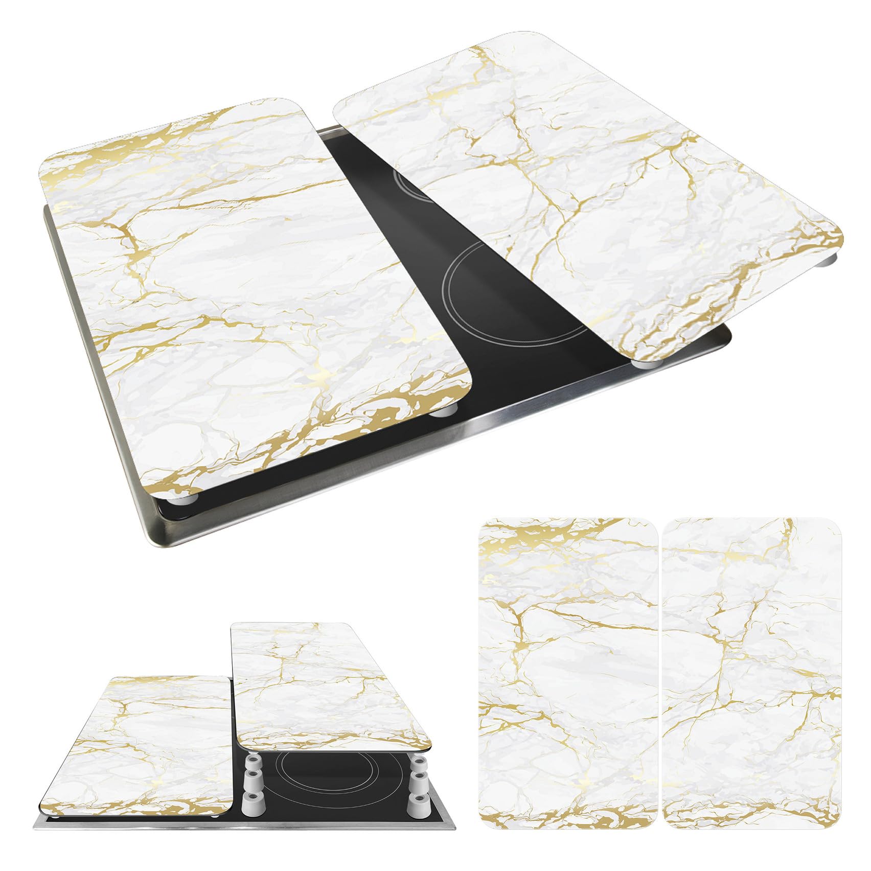 WENKO Placas protectoras para cocina Mod Mármol dorado, ajustable en altura para todo tipo de cocinas, tabla de cortar y protector contra salpicaduras, vidrio, 30 x 52 cm, juego de 2