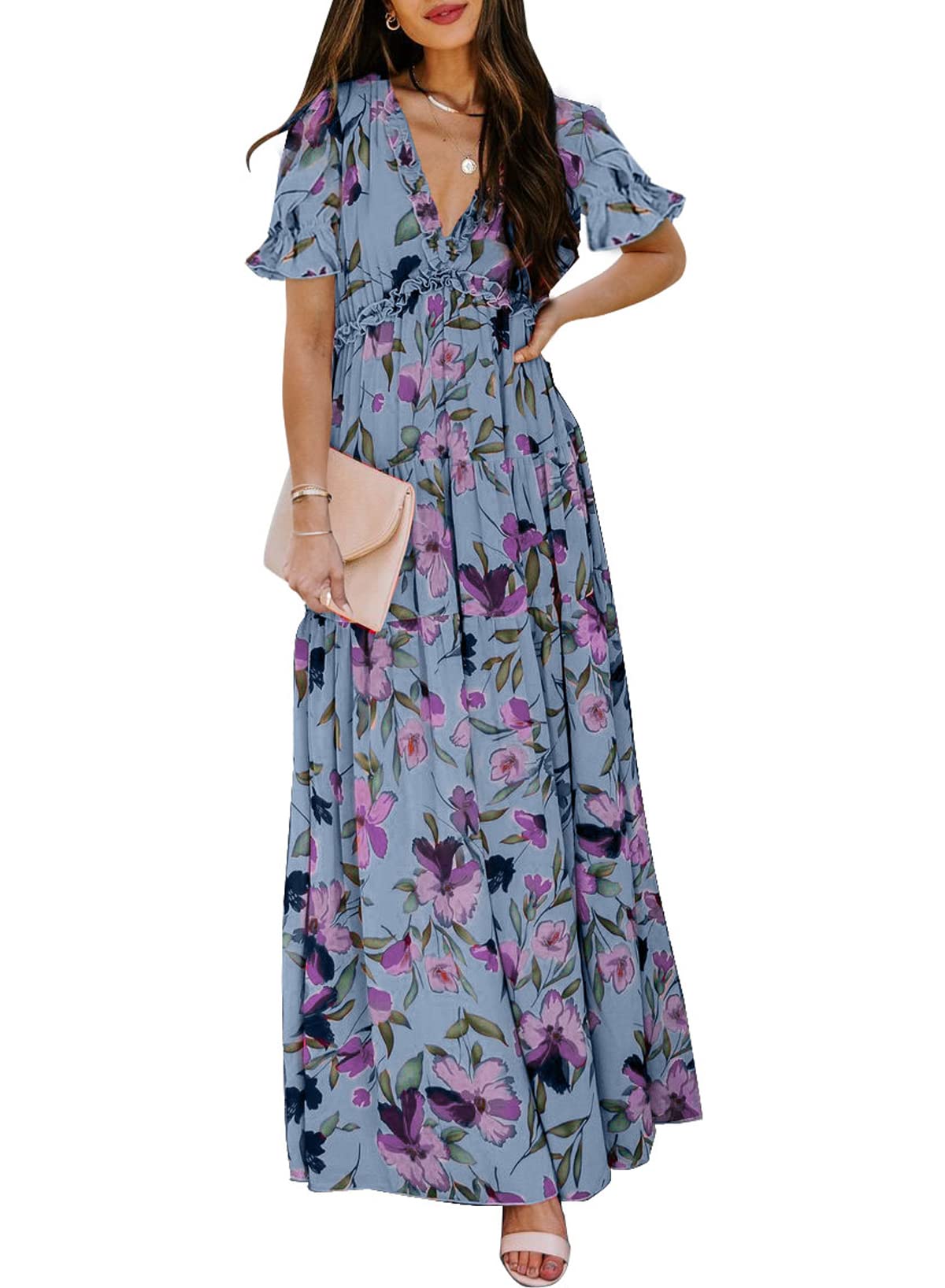BLENCOT Women's Casual Boho Floral Printed Deep V Neck Loose Short Sleeve Long Evening Dress Ruched Cocktail Party Maxi Wedding Dress Blue X-Large