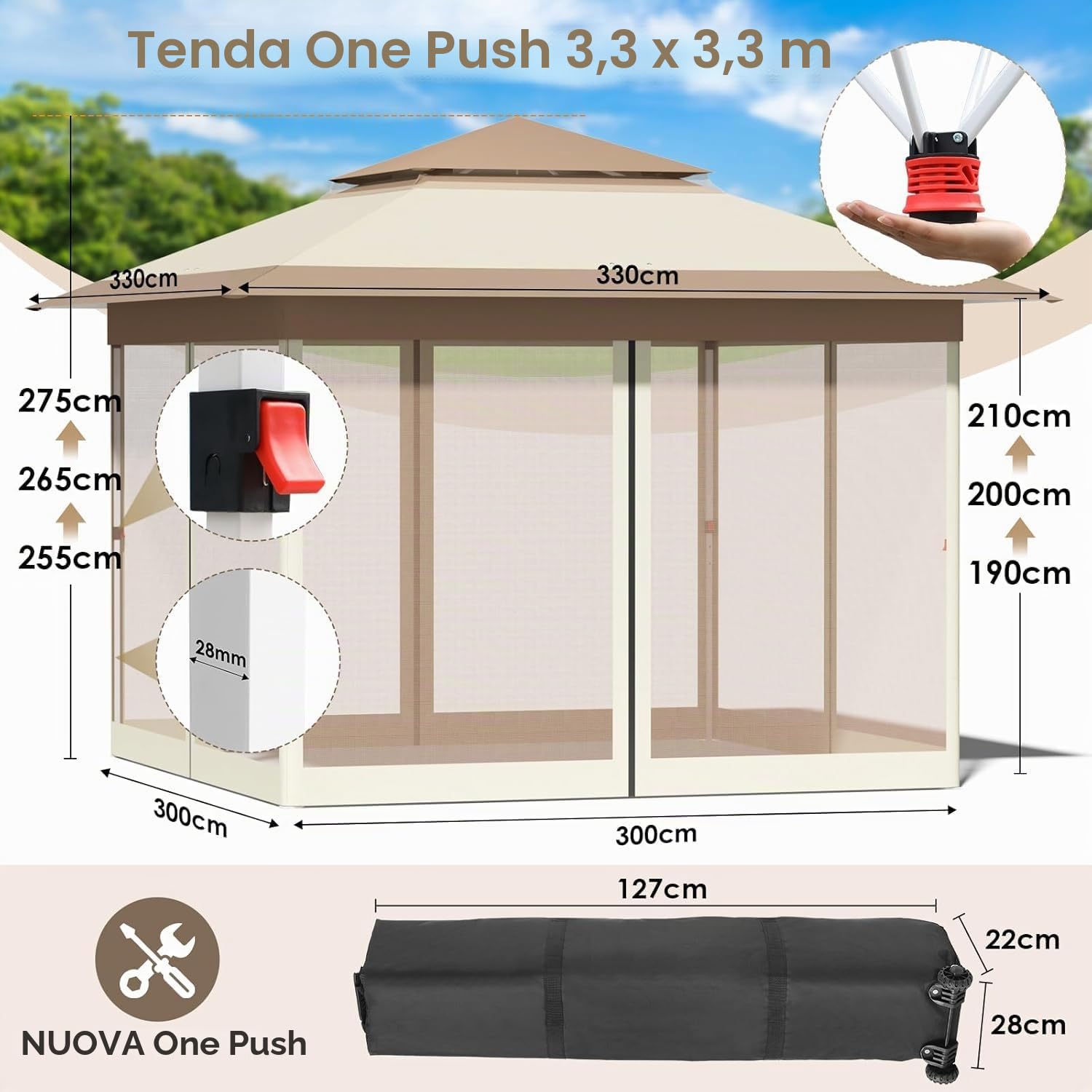 Gazebo pieghevole 3,3x3,3 m, con 4 pannelli laterali in zanzariera, One Push tenda con doppio tetto, Gazebo impermeabile da giardino 4 sacchi di sabbia, per mercato/campeggio/spiaggia, Marrone Cachi