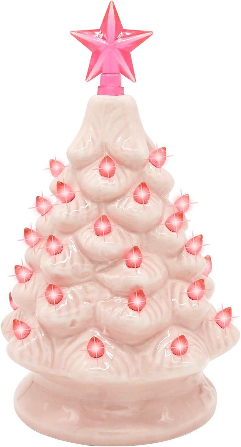Joiedomi 7" Pink Ceramic Christmas Tree, Prelit Tabletop Christmas Tree with Extra Clear Top Star & Bulbs for Best Desk Decoration