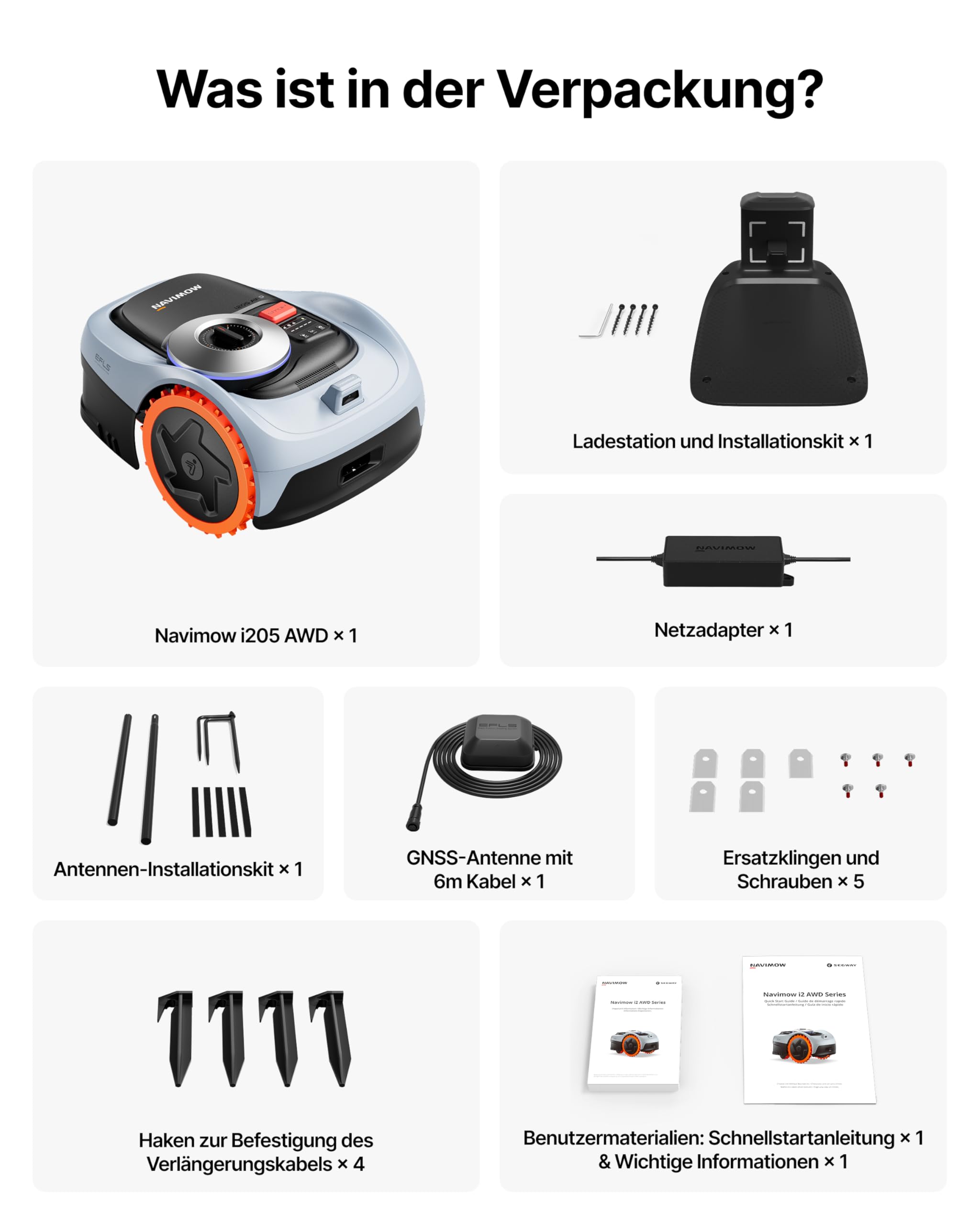Segway Navimow i205 AWD (Neuer i105E) Mähroboter ohne Begrenzungskabel mit Garage S, für 500 m², Allradantrieb für 45% Steigung, NRTK+Vision, Keine RTK Antenne erforderlich (Getrennter Versand)