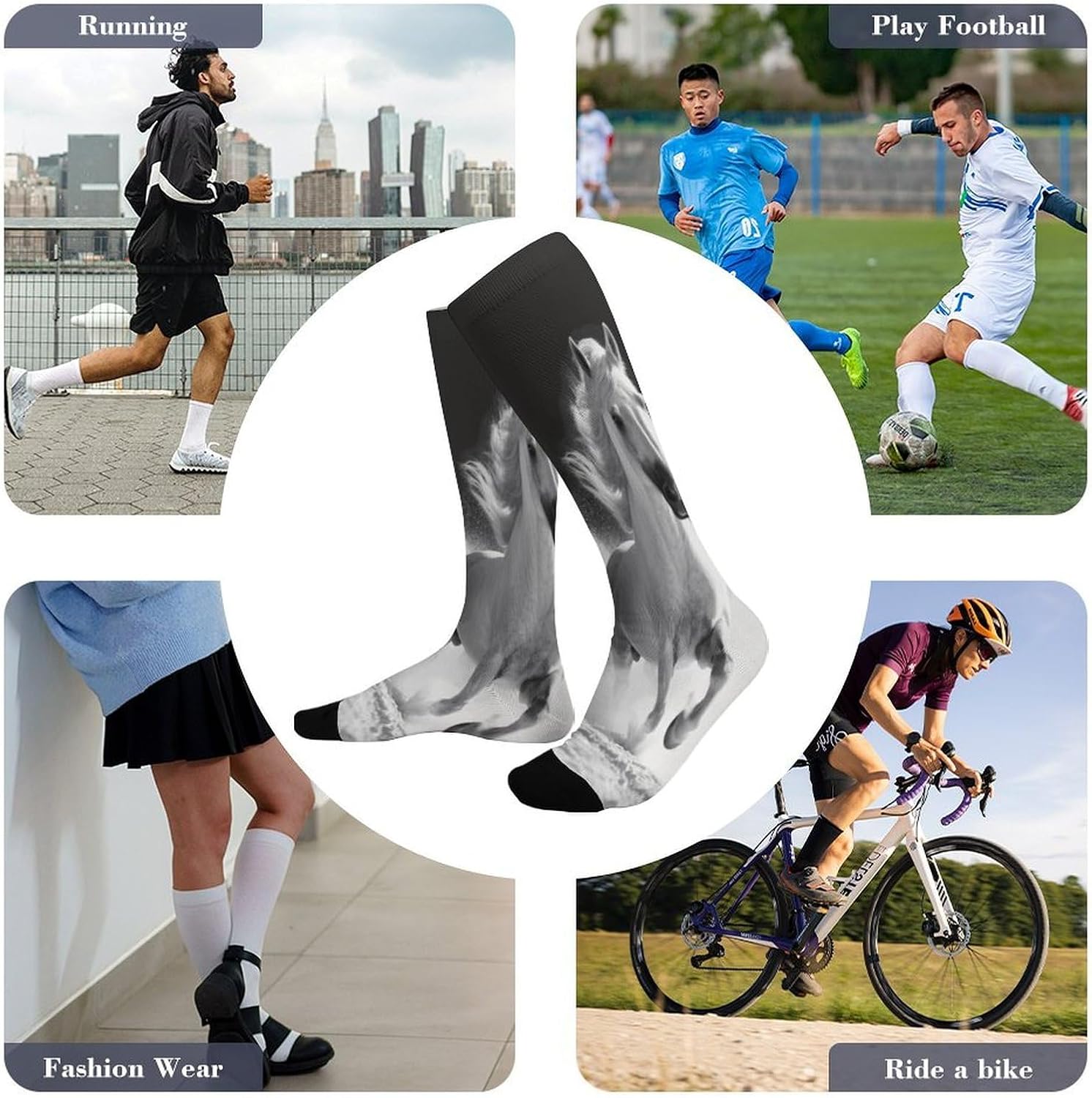 Black White Horses Knee High Soccer Socks Moisture Wicking