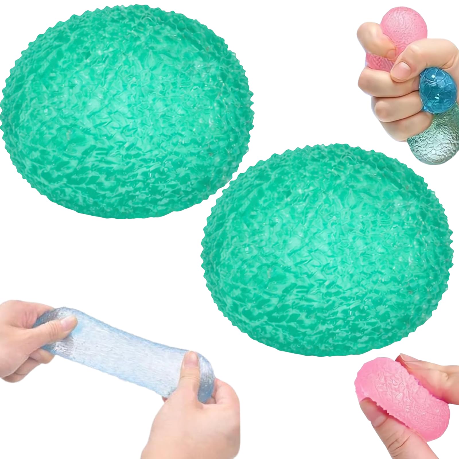 Squishy Stress Balls Textured Sensory, 1.57in Crystal Squish Balls, Textured Sensory Moldable Squeeze Jelly, Crystal Squish Fidget Toy, Anxiety Relief Soft Squeeze for Adults (Green 2pcs)