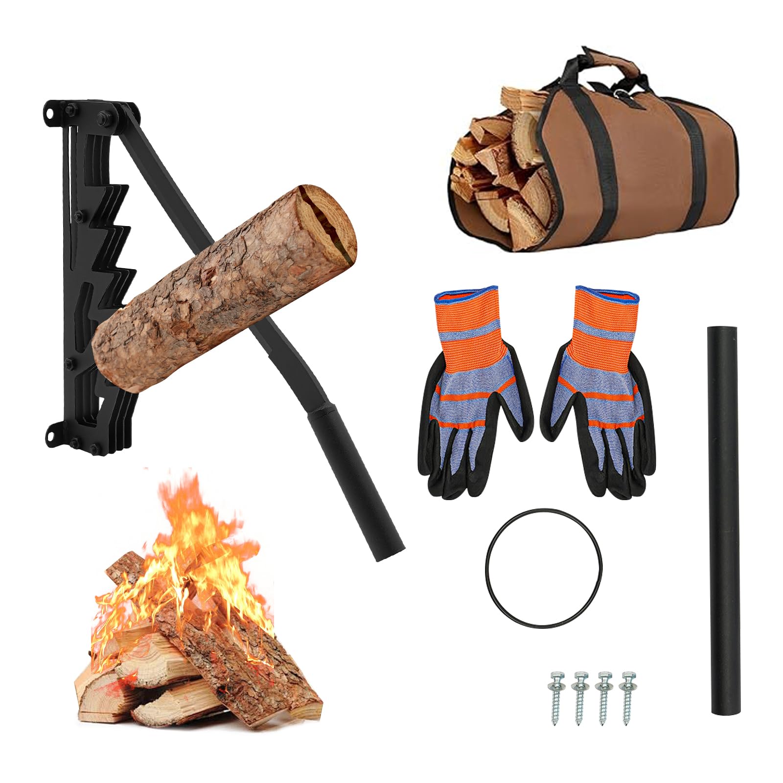 Astilladora manual de leña de hierro fundido, soporte de pared portátil para astillado de madera para interiores y exteriores, incluye 2 asas desmontables, porta leña, guantes y bolsa para leña