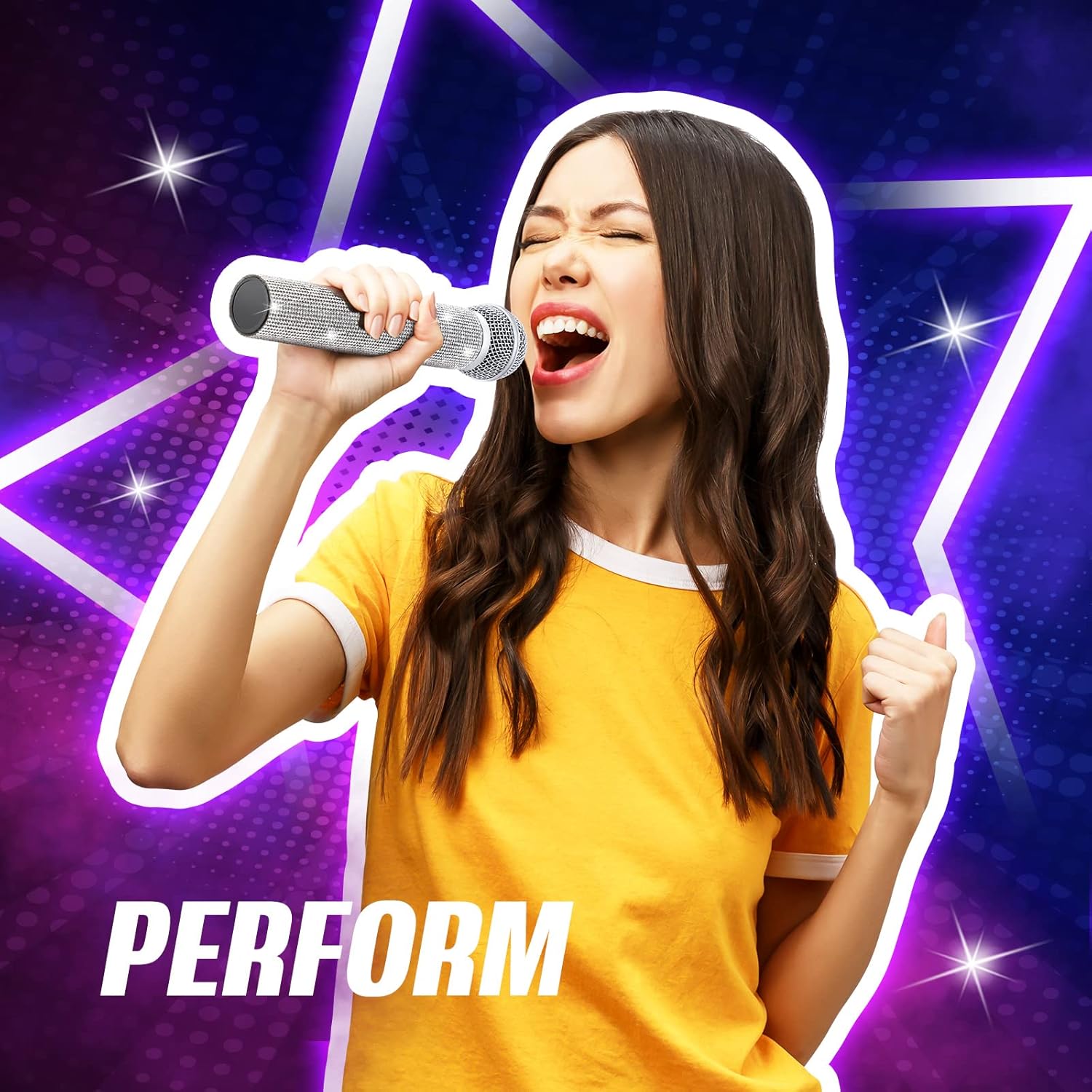 Threan 2 Pcs Fake Microphone Prop Christmas Toy Sparkly Glitter Rhinestone Bling Pretend Plastic Play Microphone Toy Mic Novelty Party Favor for Christmas Cosplay Party Costume(Silver)