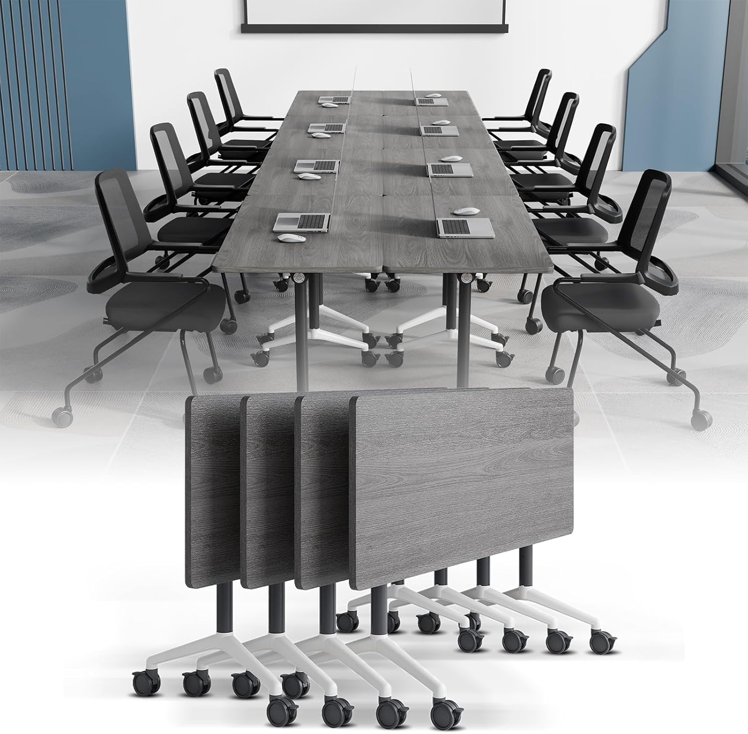 Folding Conference Room Table,Modern Foldable Training Table with Flip Top,Mobile Meeting Tables with 4 Locking Wheels,Executive Desk for Office