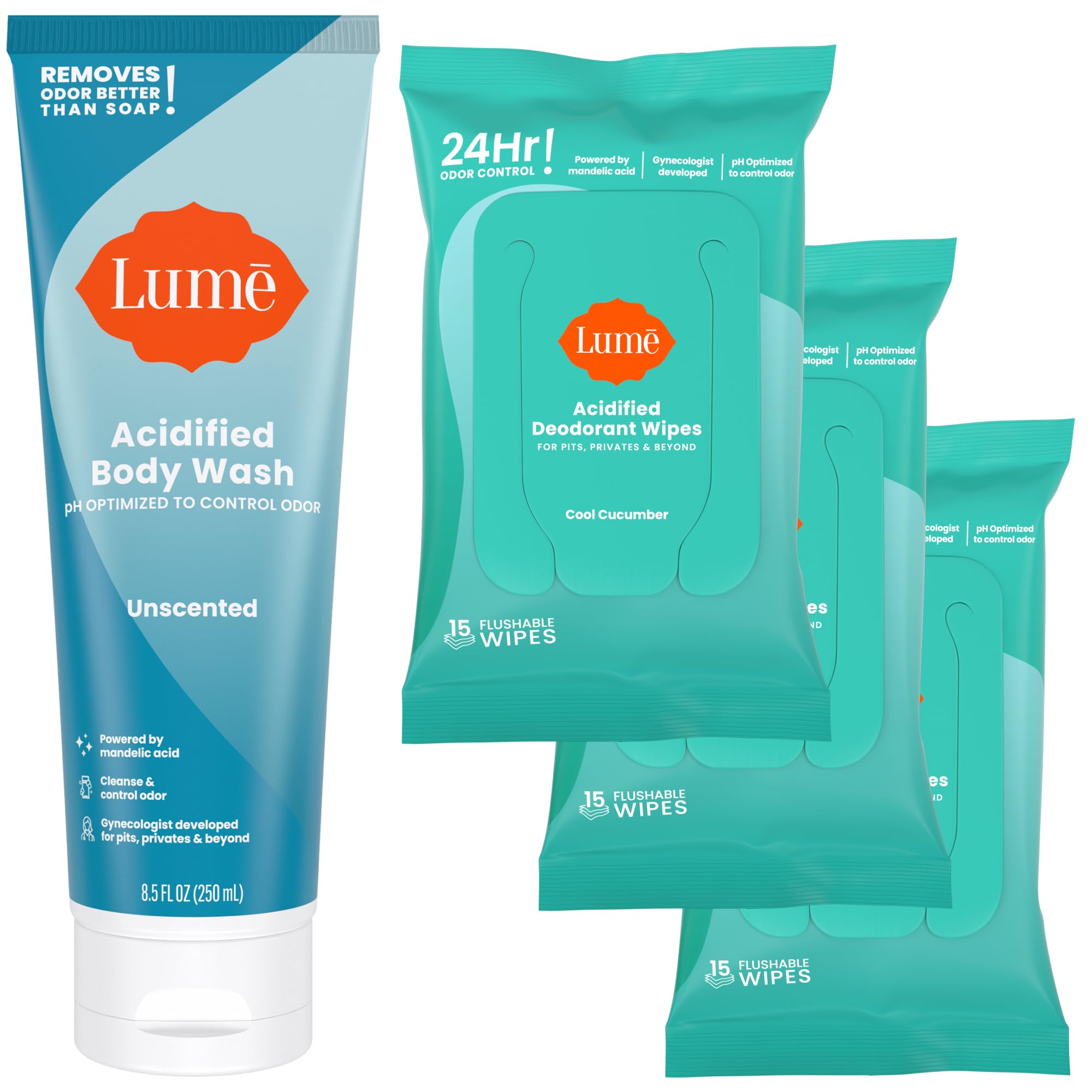 Whole Body Deodorant - Invisible Cream Tube (Unscented) and Lume Acidified Deodorant Wipes (Cool Cucumber) - 24 Hour Odor Control - Aluminum Free, Baking Soda Free, Skin Loving