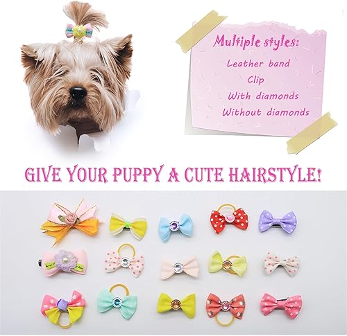 Miniatura 3 de 200 lazos para el pelo de perro, 100 pares de lazos de metal con clip para perro con perlas y flores para peluquero, niño, niña, Yorkie, cachorros