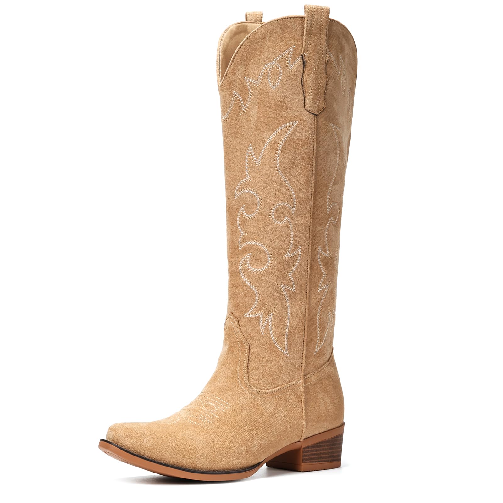 Suede Cowboy Boots for Women Knee High Western Cowgirl Boots Pointed Toe Low Heel Classic Embroidered Boot