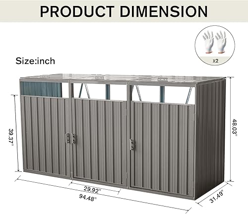Miniatura 10 de Cobertizo de almacenamiento de basura para exteriores, cobertizo de almacenamiento de acero galvanizado con puertas con cerradura, perfecto para