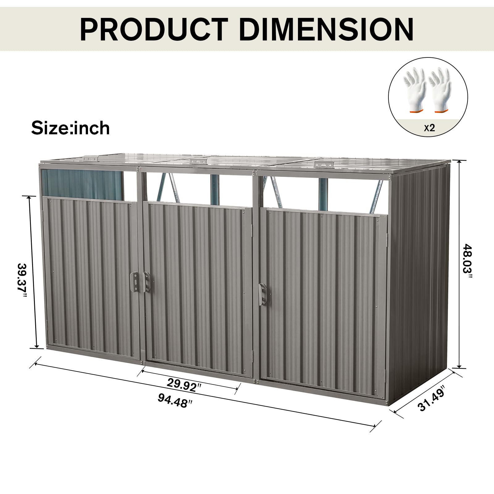 Outdoor Trash Can Storage Shed for 3 Garbage Bins Galvanized Steel Garbage Bin Shed with Lockable Doors & Lifting Lids Rustproof Metal Waste Bin Enclosure for Garden, Backyard, Patio, Lawn, Grey