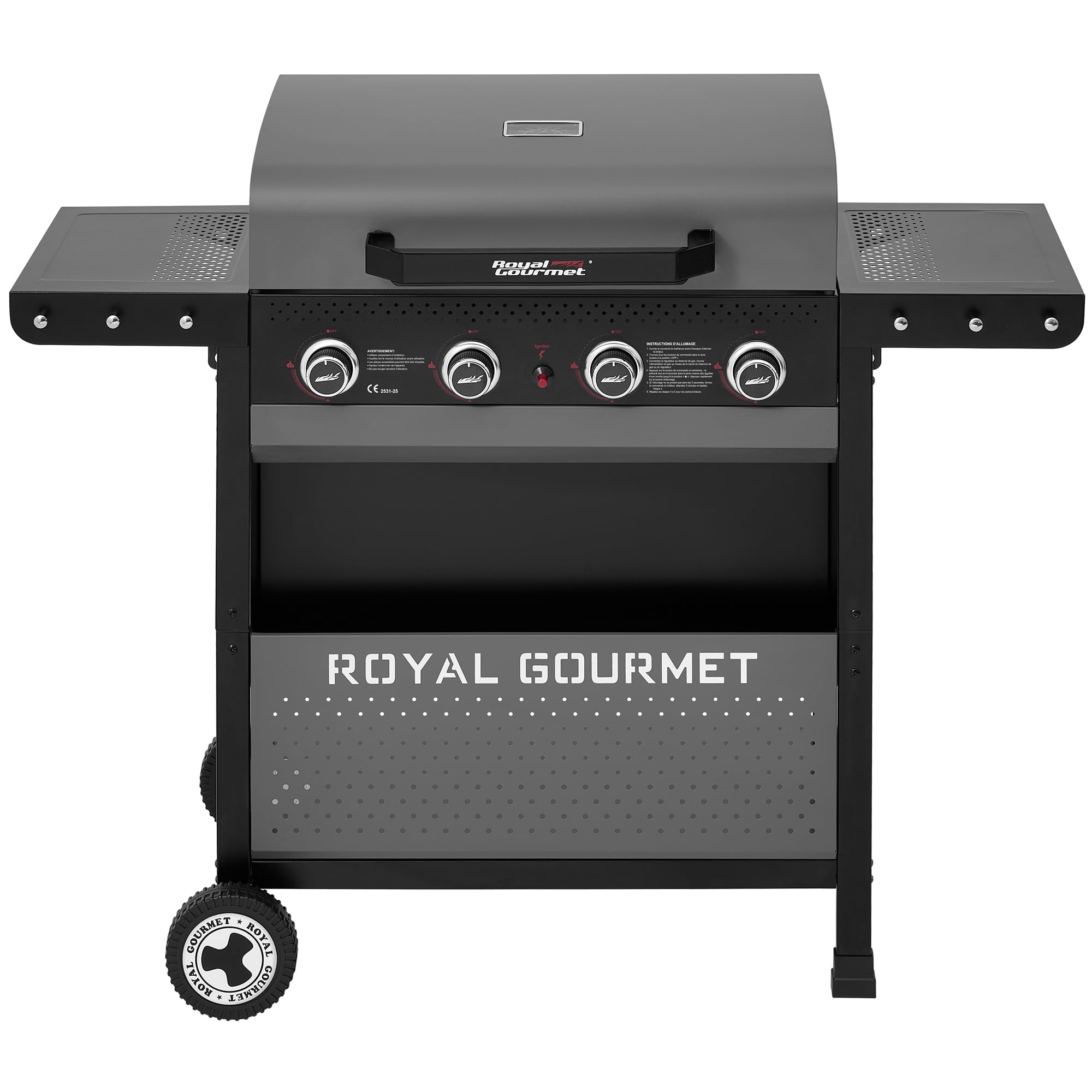 Royal Gourmet 4 Brûleurs Barbecue Gaz, Gril à Gaz sur Chariot 10 KW avec Tables Pliantes et Panier de Rangement, Noir