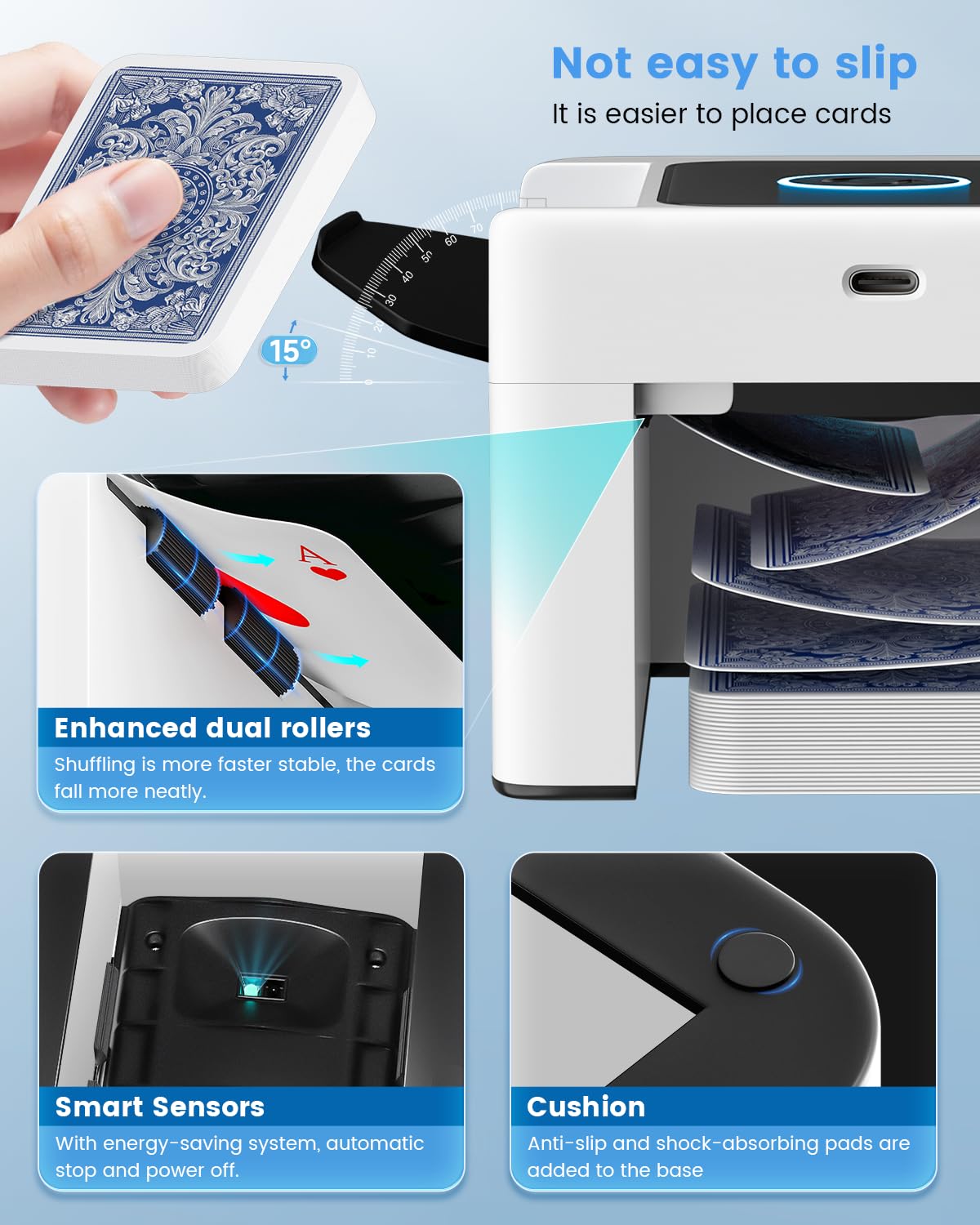 Barajador de Cartas Automático, Mezclador de Cartas con Batería 2000 mAh y USB, Barajeadora Carta Recargable, Card Shuffler Machine Card Shuffler Aplicable a UNO Skyjo y Otras Carta de Juego