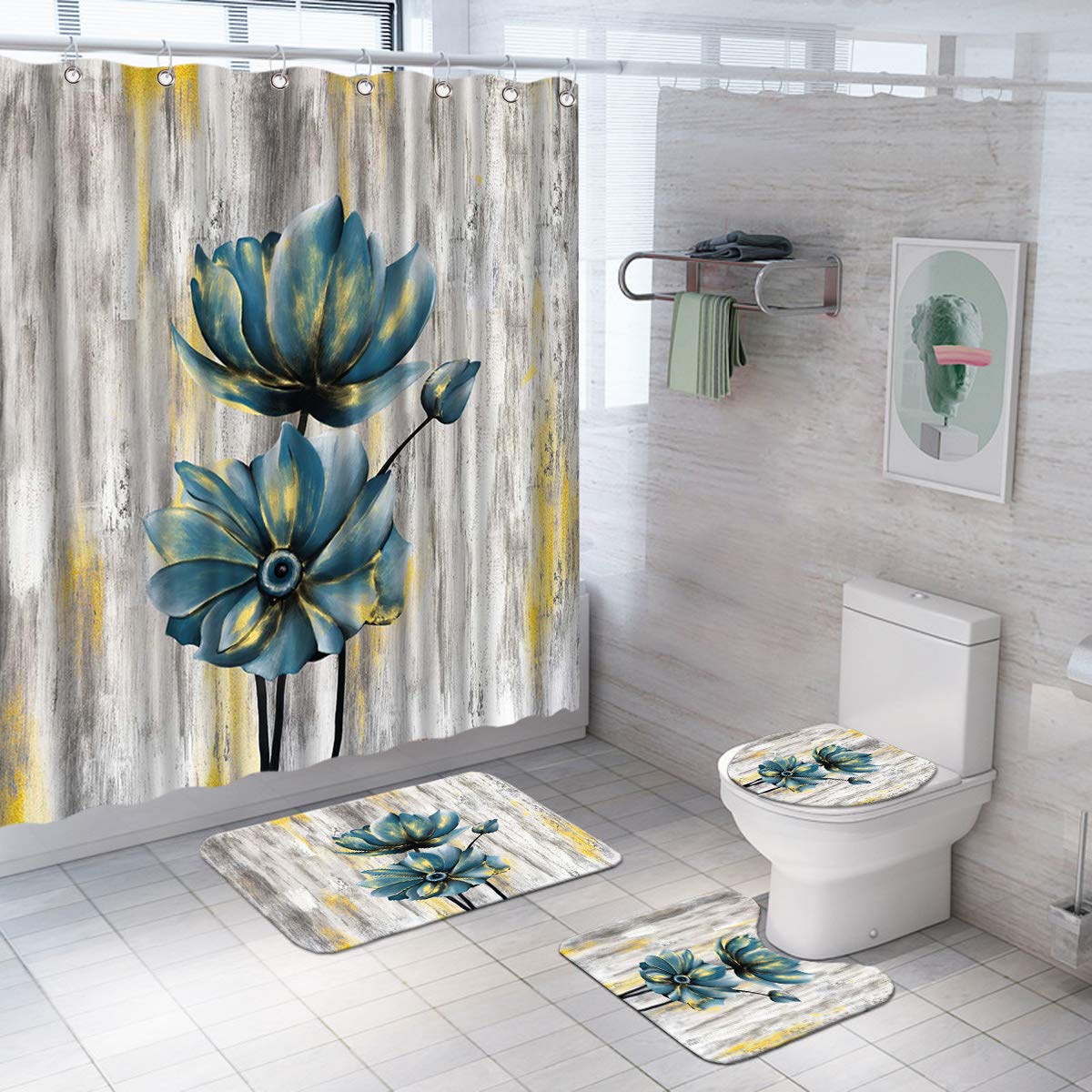 HOMEOART Flower Shower Curtain Set with Rugs Blue Elegant Lotus Painting Art Print Floral Shower Curtain Bathroom Decor Set of 4 Pieces